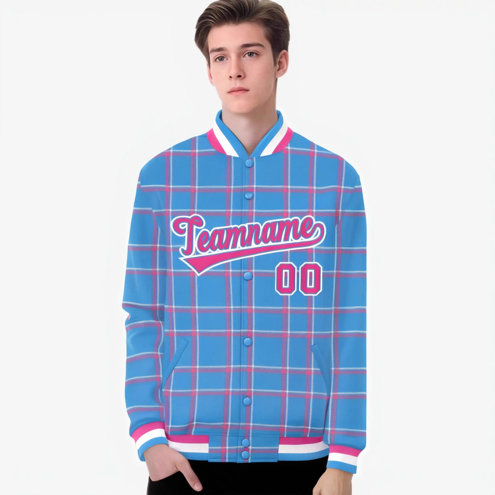 Custom Powder Blue-Pink Varsity Full-Snap Plaid Pattern Letterman Baseball Jacket