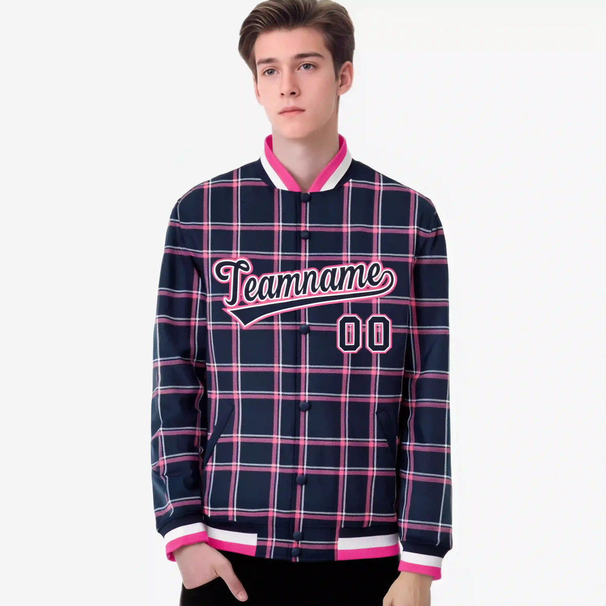 Custom Navy-Pink Varsity Full-Snap Plaid Pattern Letterman Baseball Jacket