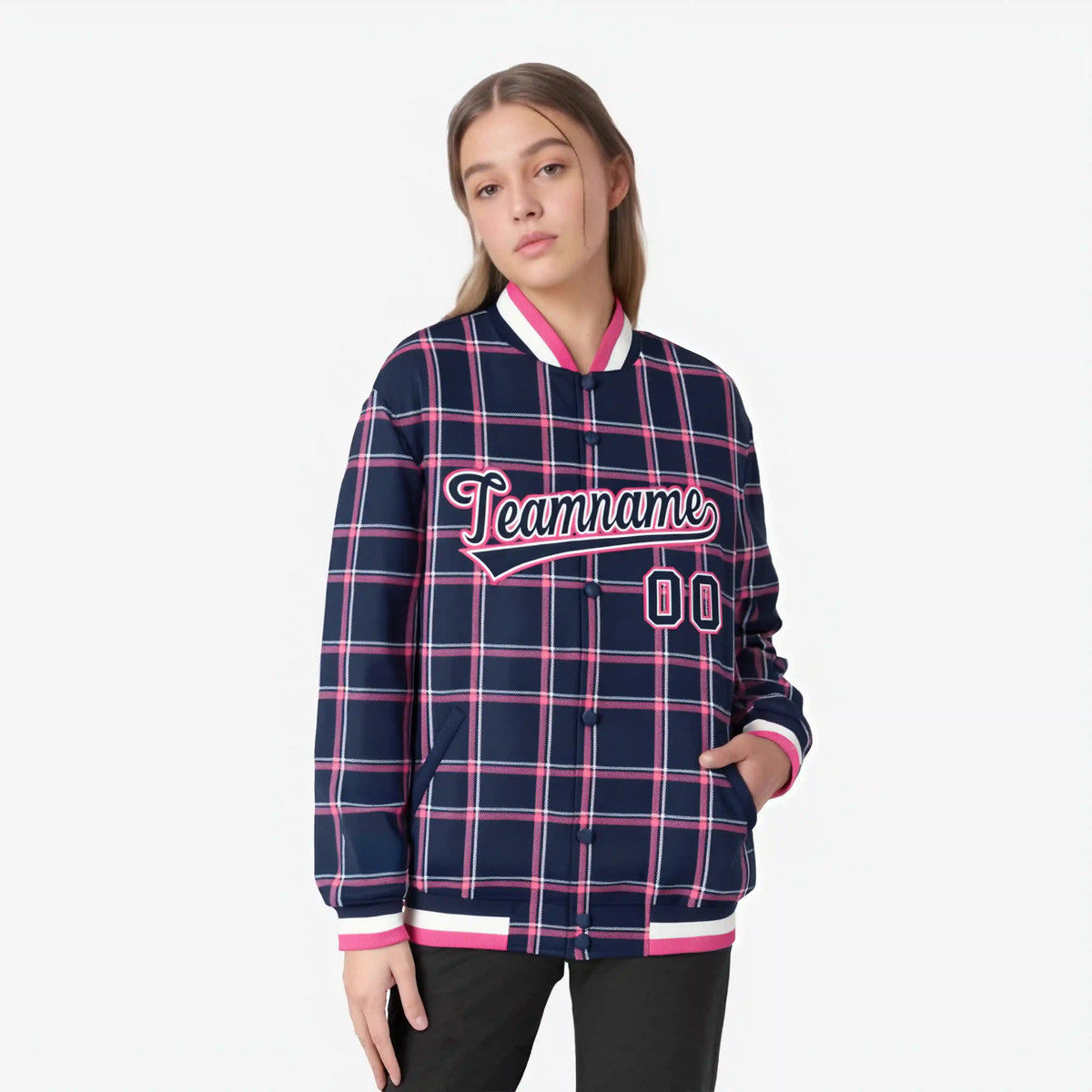 Custom Navy-Pink Varsity Full-Snap Plaid Pattern Letterman Baseball Jacket
