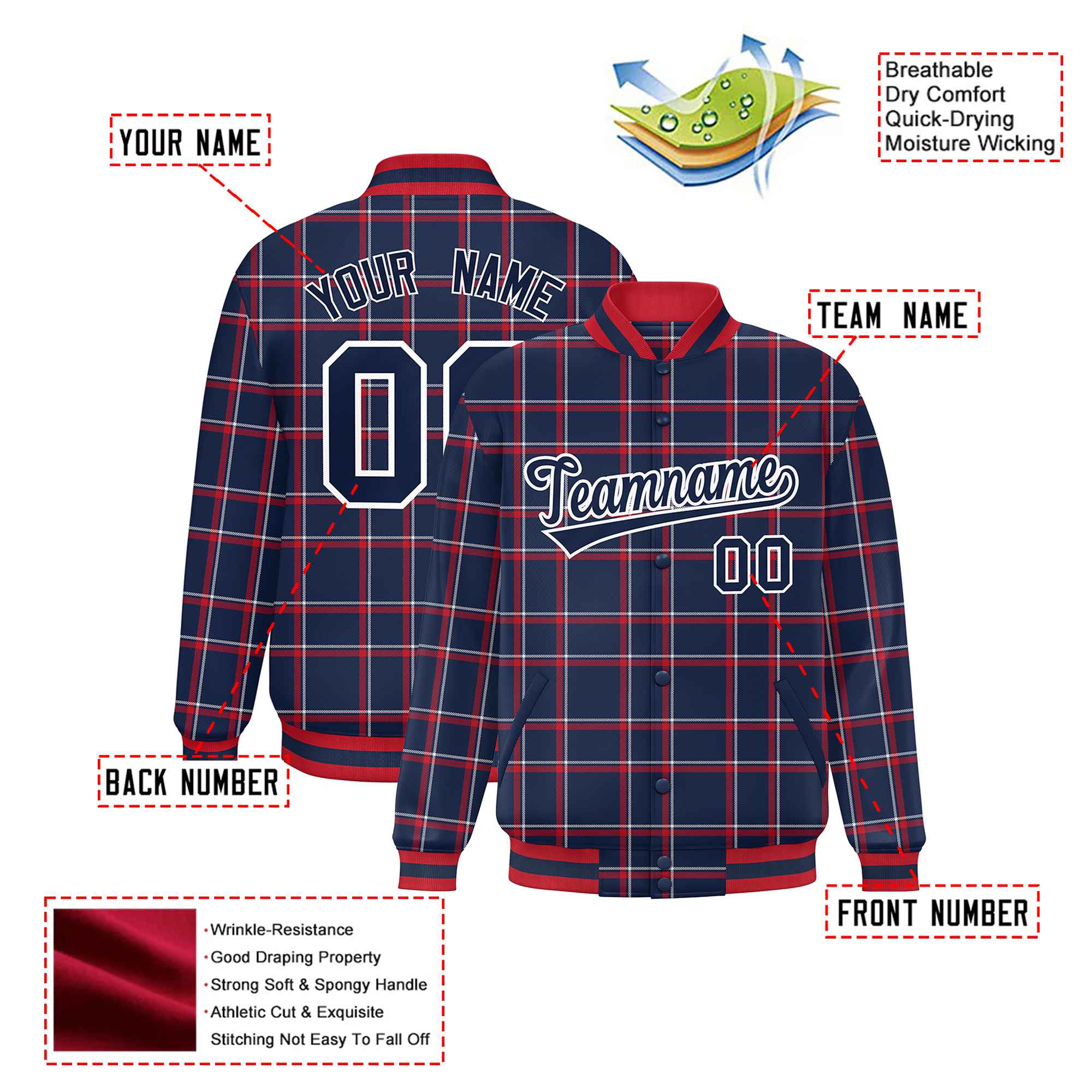 Custom Navy-Red Varsity Full-Snap Plaid Pattern Letterman Baseball Jacket