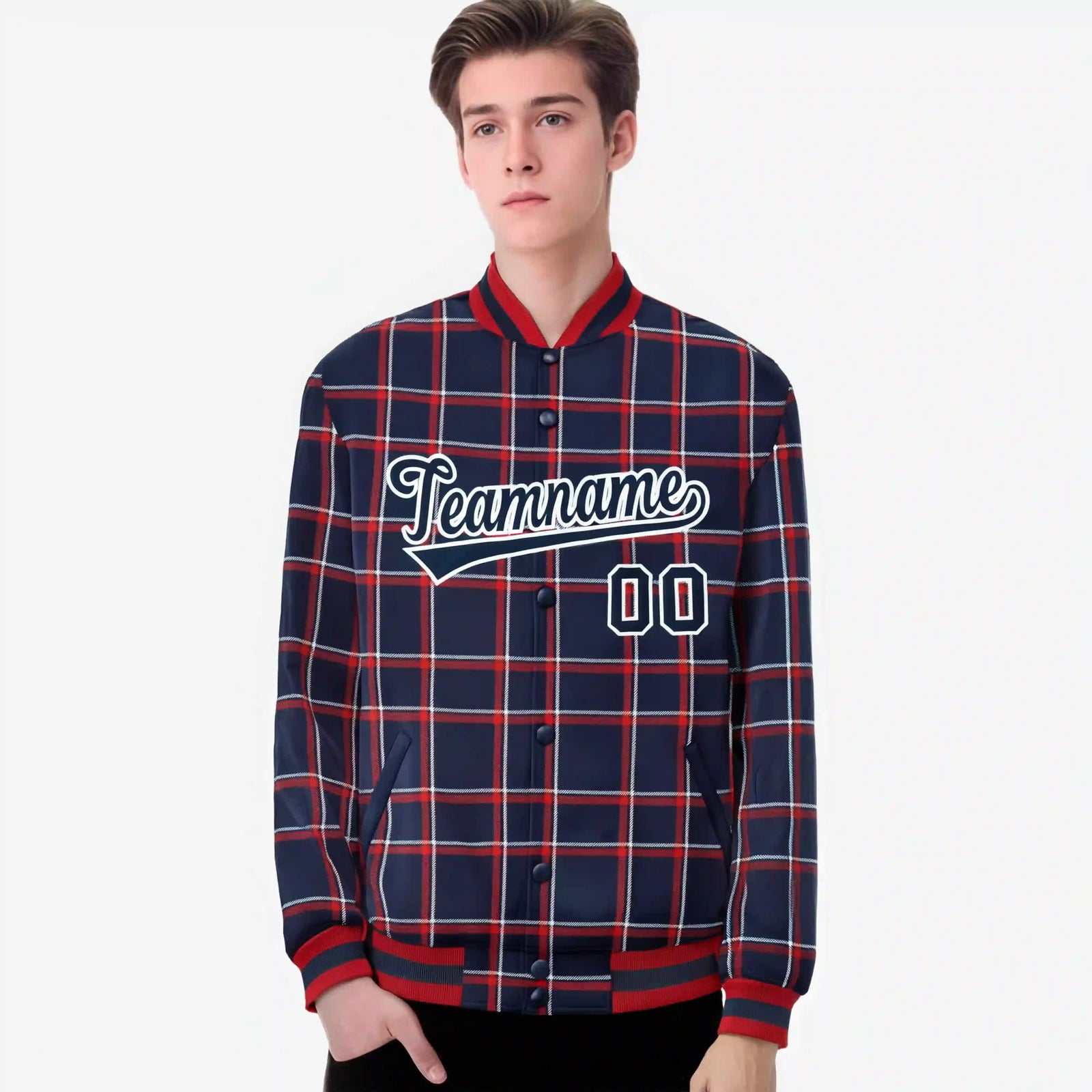Custom Navy-Red Varsity Full-Snap Plaid Pattern Letterman Baseball Jacket