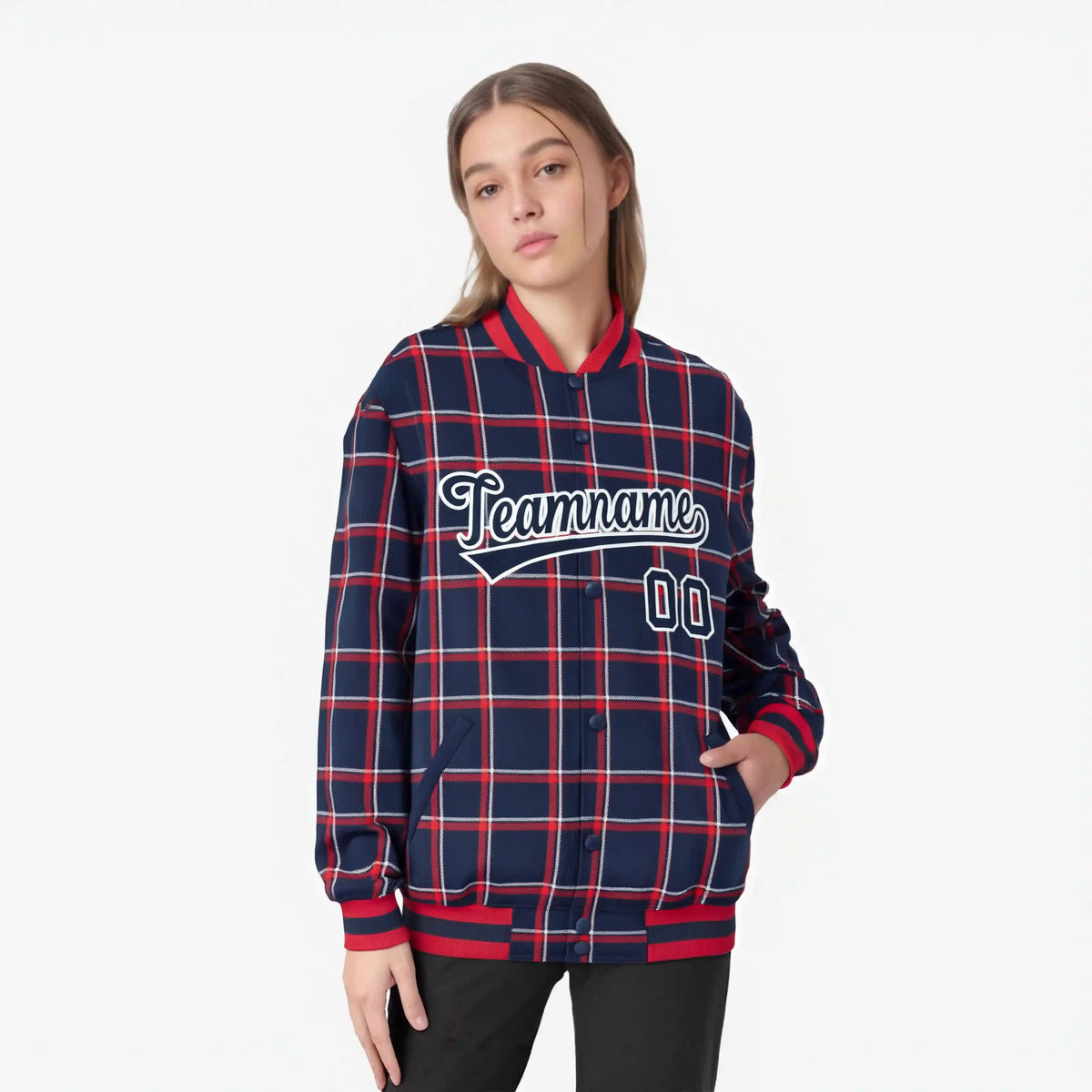 Custom Navy-Red Varsity Full-Snap Plaid Pattern Letterman Baseball Jacket