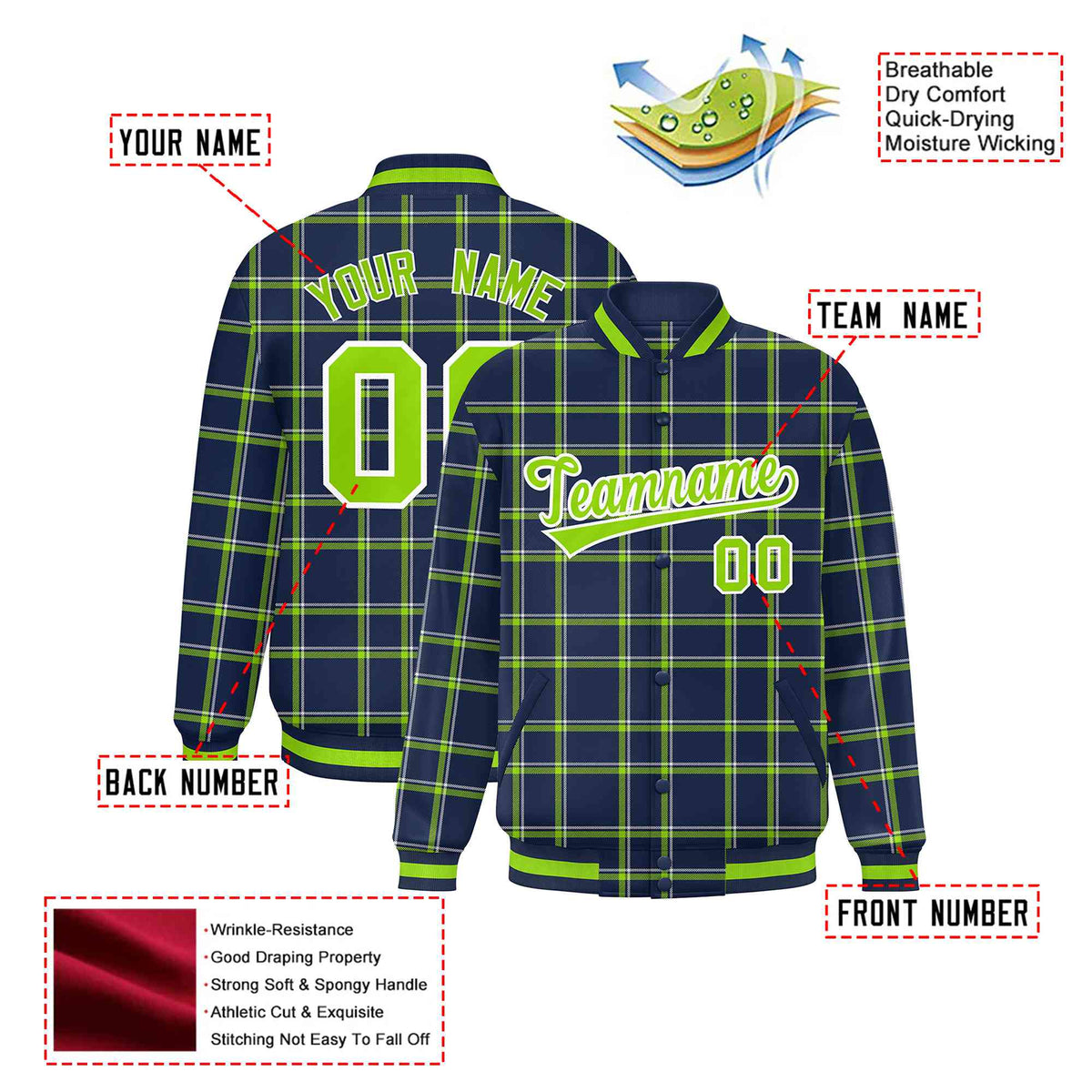 Custom Navy-Kelly Green Varsity Full-Snap Plaid Pattern Letterman Baseball Jacket