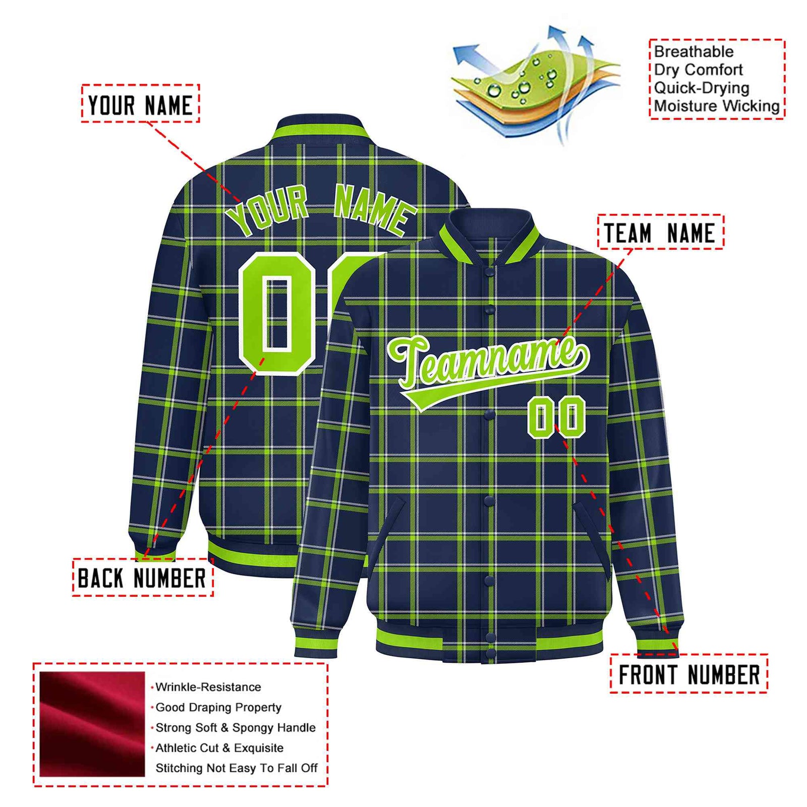 Custom Navy-Kelly Green Varsity Full-Snap Plaid Pattern Letterman Baseball Jacket