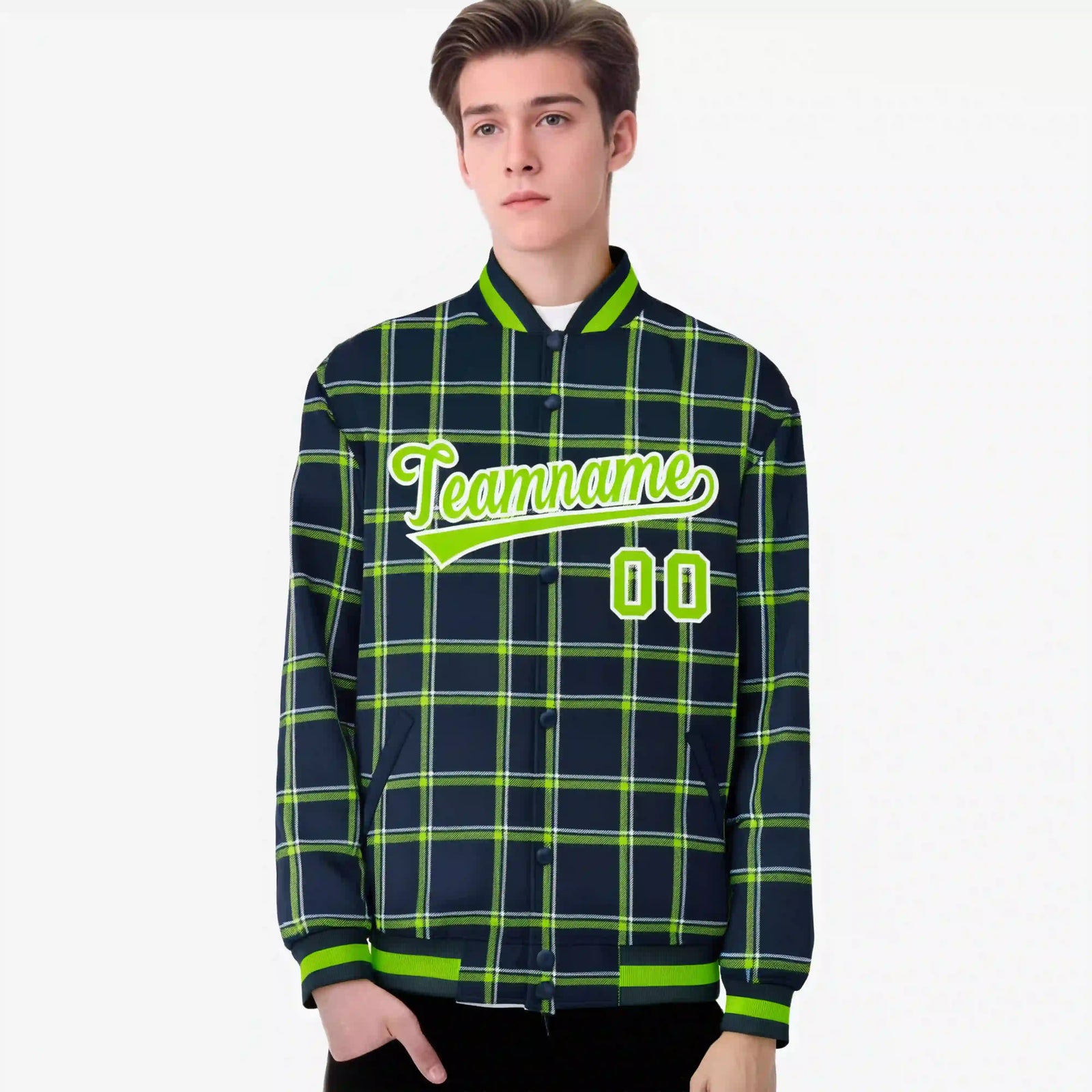 Custom Navy-Kelly Green Varsity Full-Snap Plaid Pattern Letterman Baseball Jacket