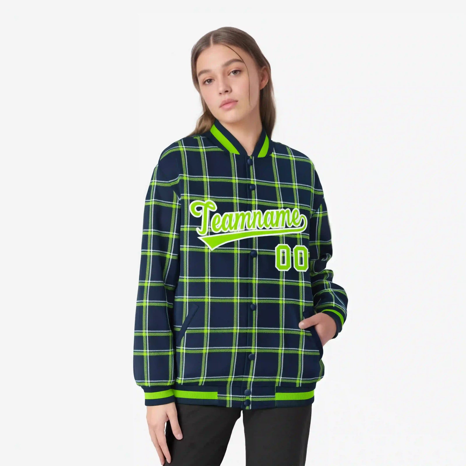 Custom Navy-Kelly Green Varsity Full-Snap Plaid Pattern Letterman Baseball Jacket