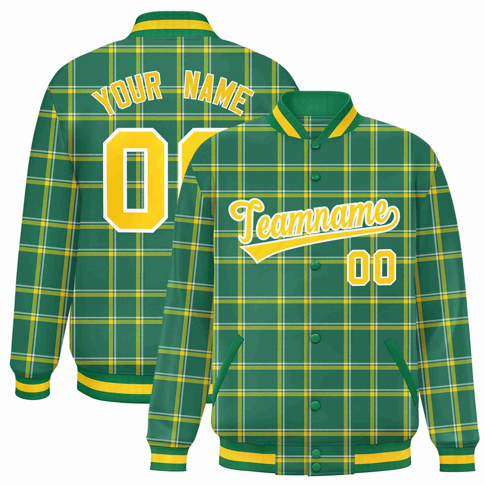 Custom Kelly Green-Gold Varsity Full-Snap Plaid Pattern Letterman Baseball Jacket