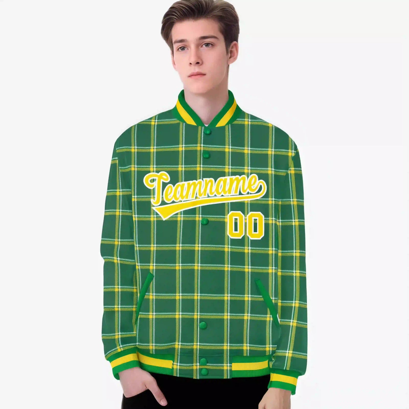 Custom Kelly Green-Gold Varsity Full-Snap Plaid Pattern Letterman Baseball Jacket