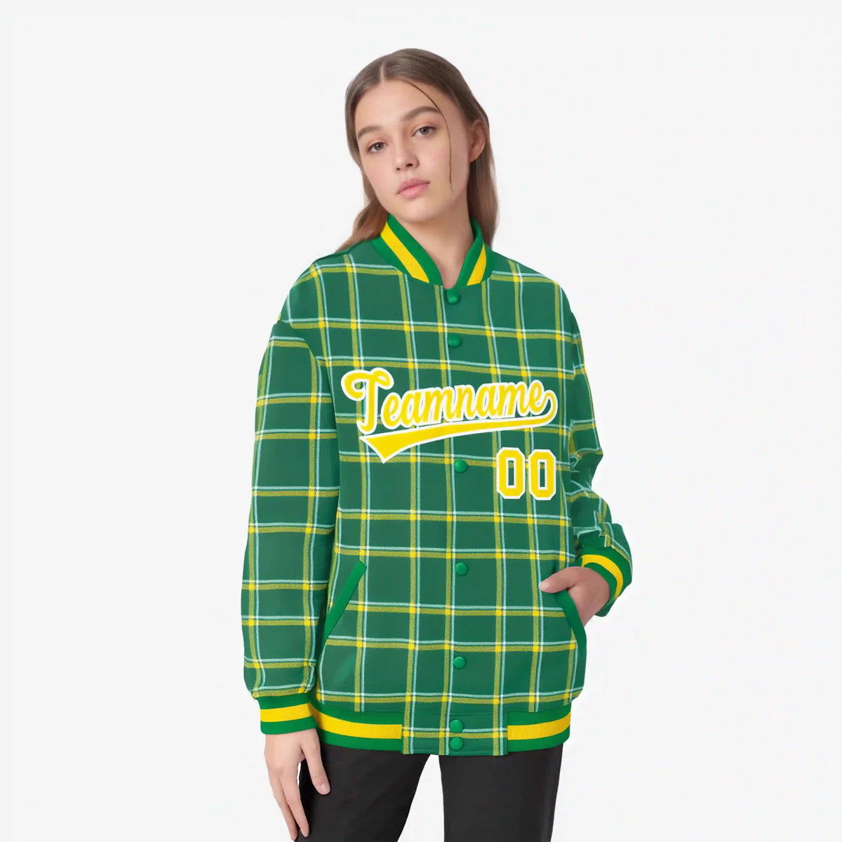 Custom Kelly Green-Gold Varsity Full-Snap Plaid Pattern Letterman Baseball Jacket