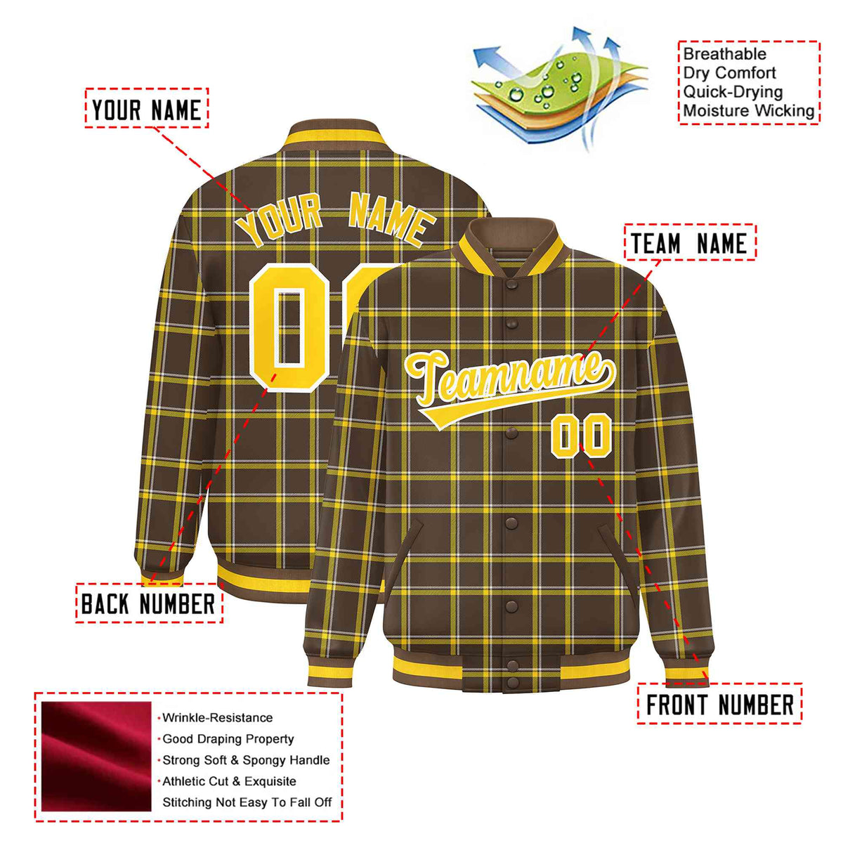 Custom Light Brown-Gold Varsity Full-Snap Plaid Pattern Letterman Baseball Jacket