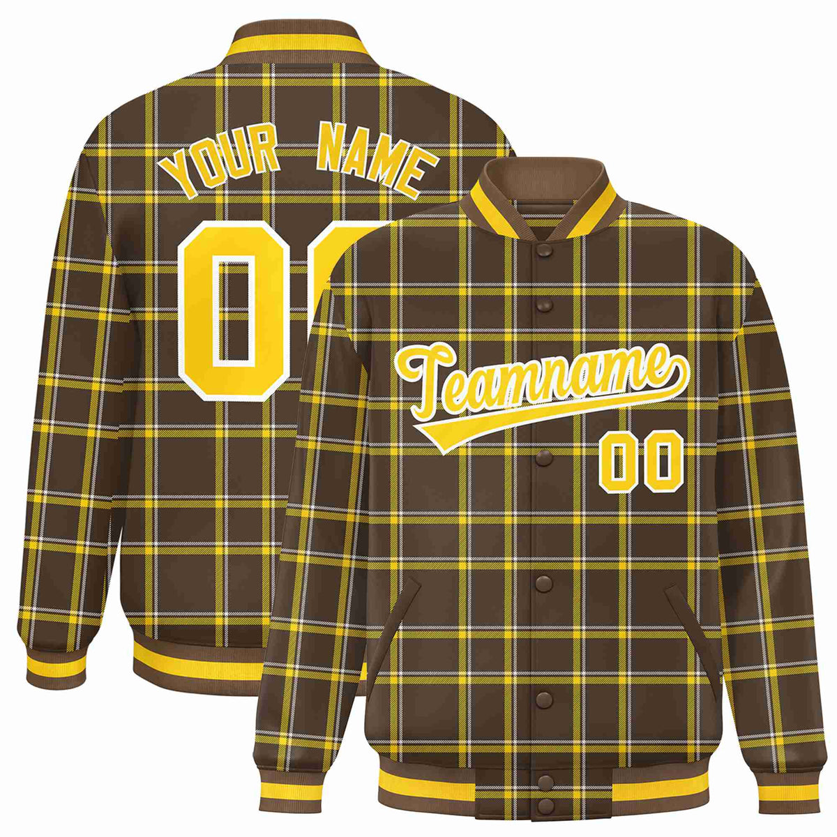 Custom Light Brown-Gold Varsity Full-Snap Plaid Pattern Letterman Baseball Jacket