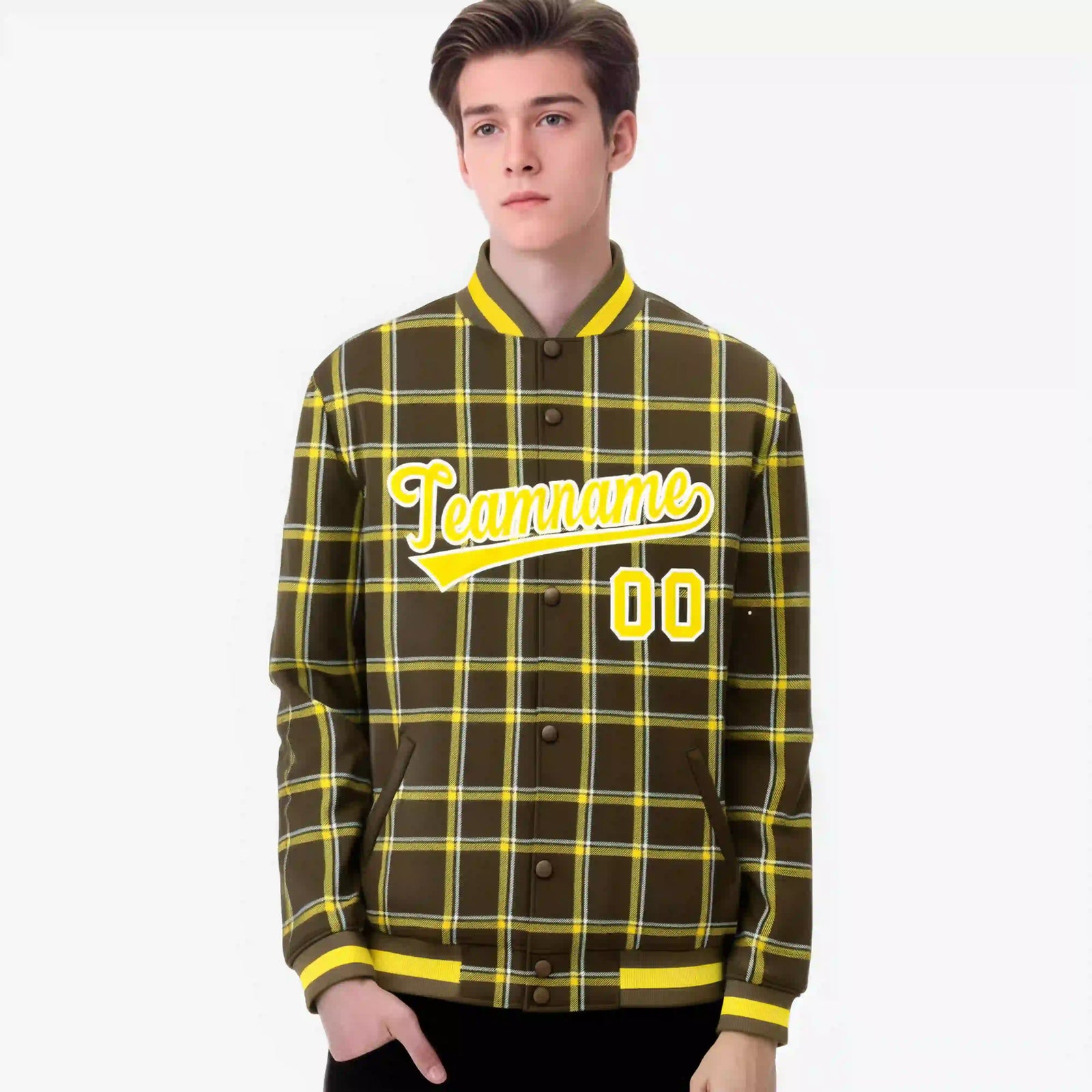 Custom Light Brown-Gold Varsity Full-Snap Plaid Pattern Letterman Baseball Jacket