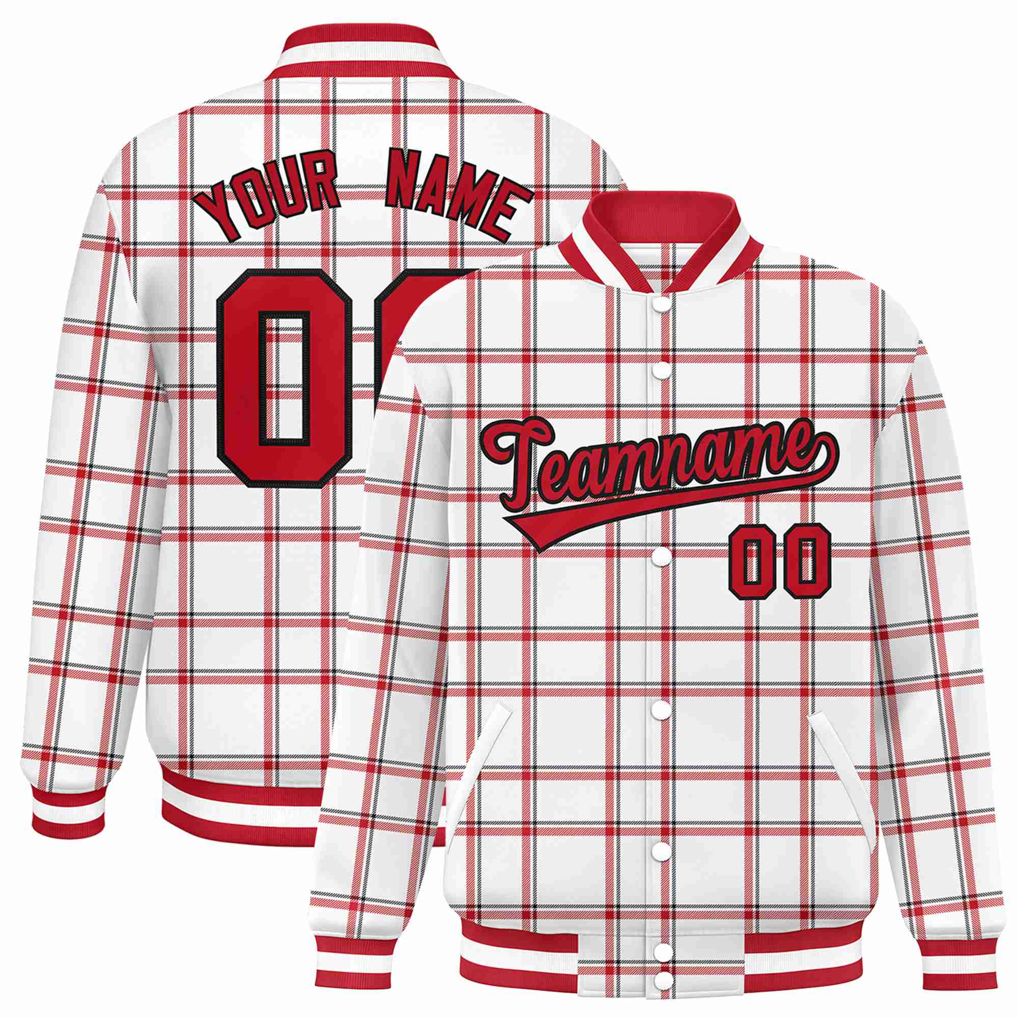 Custom White-Red Varsity Full-Snap Plaid Pattern Letterman Baseball Jacket