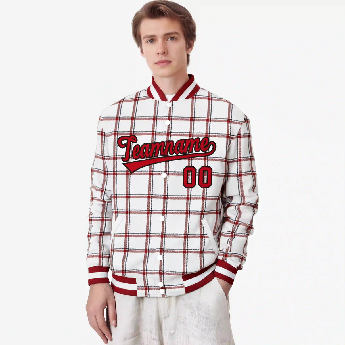 Custom White-Red Varsity Full-Snap Plaid Pattern Letterman Baseball Jacket