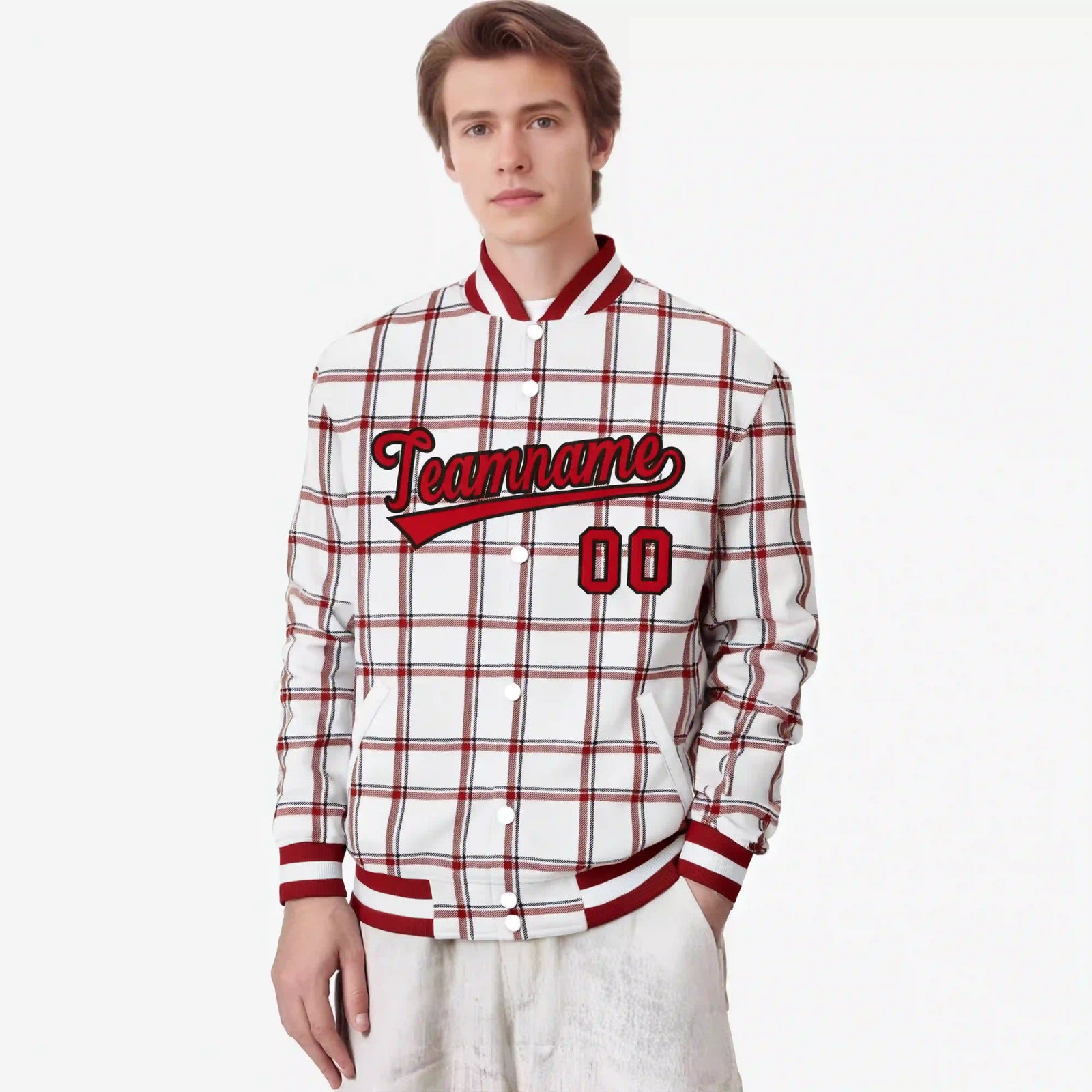 Custom White-Red Varsity Full-Snap Plaid Pattern Letterman Baseball Jacket