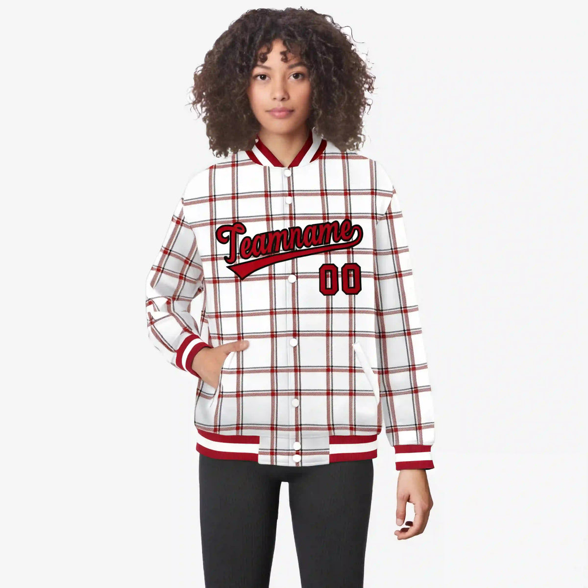 Custom White-Red Varsity Full-Snap Plaid Pattern Letterman Baseball Jacket