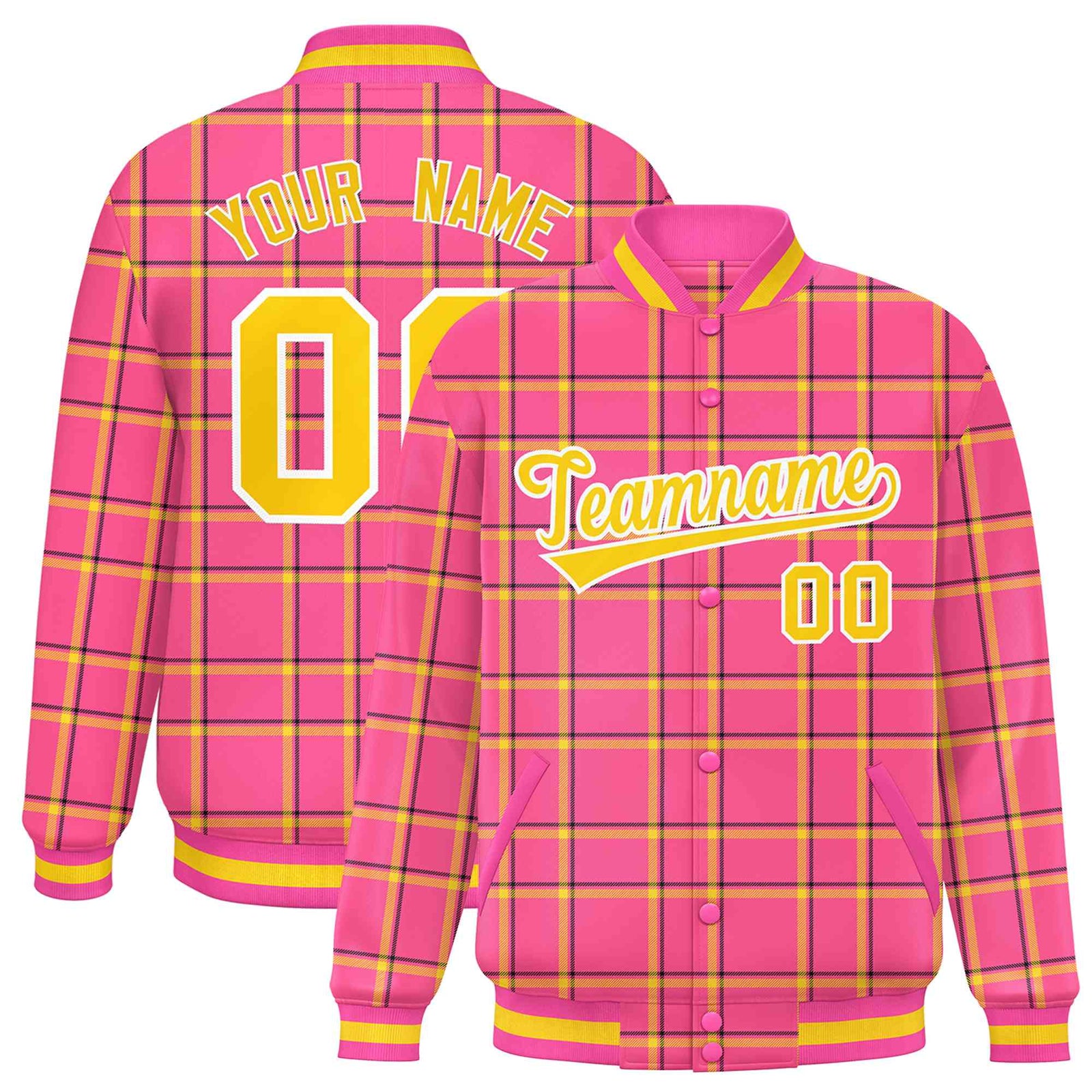 Custom Pink-Gold Varsity Full-Snap Plaid Pattern Letterman Baseball Jacket