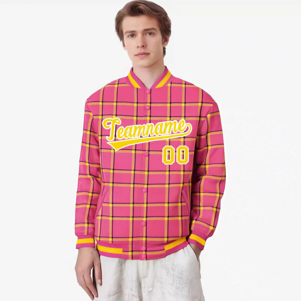 Custom Pink-Gold Varsity Full-Snap Plaid Pattern Letterman Baseball Jacket