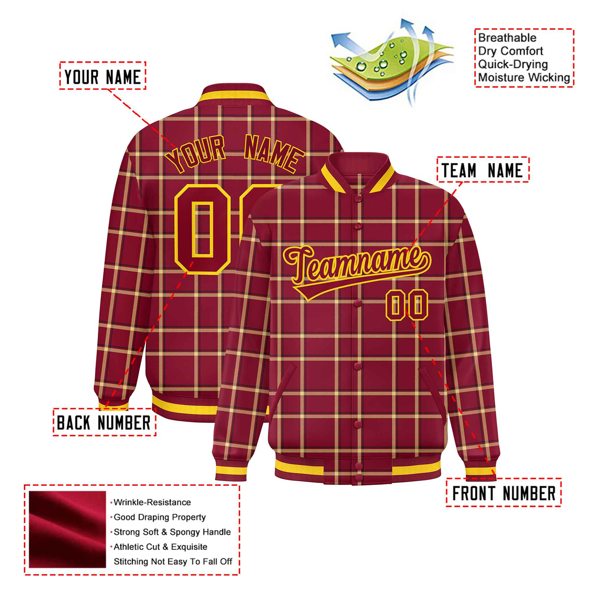 Custom Crimson-Gold Varsity Full-Snap Plaid Pattern Letterman Baseball Jacket