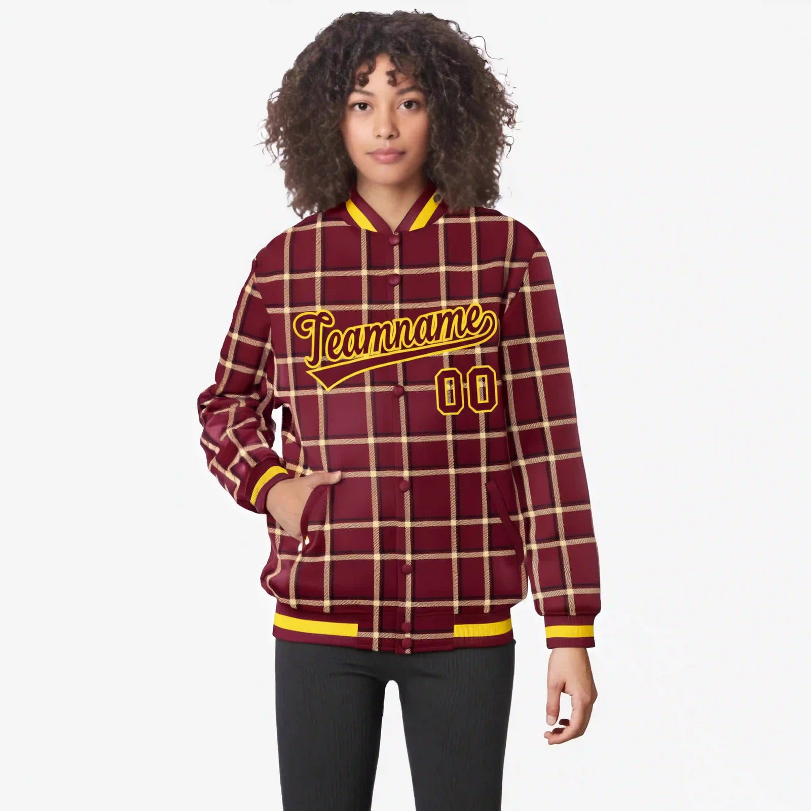 Custom Crimson-Gold Varsity Full-Snap Plaid Pattern Letterman Baseball Jacket