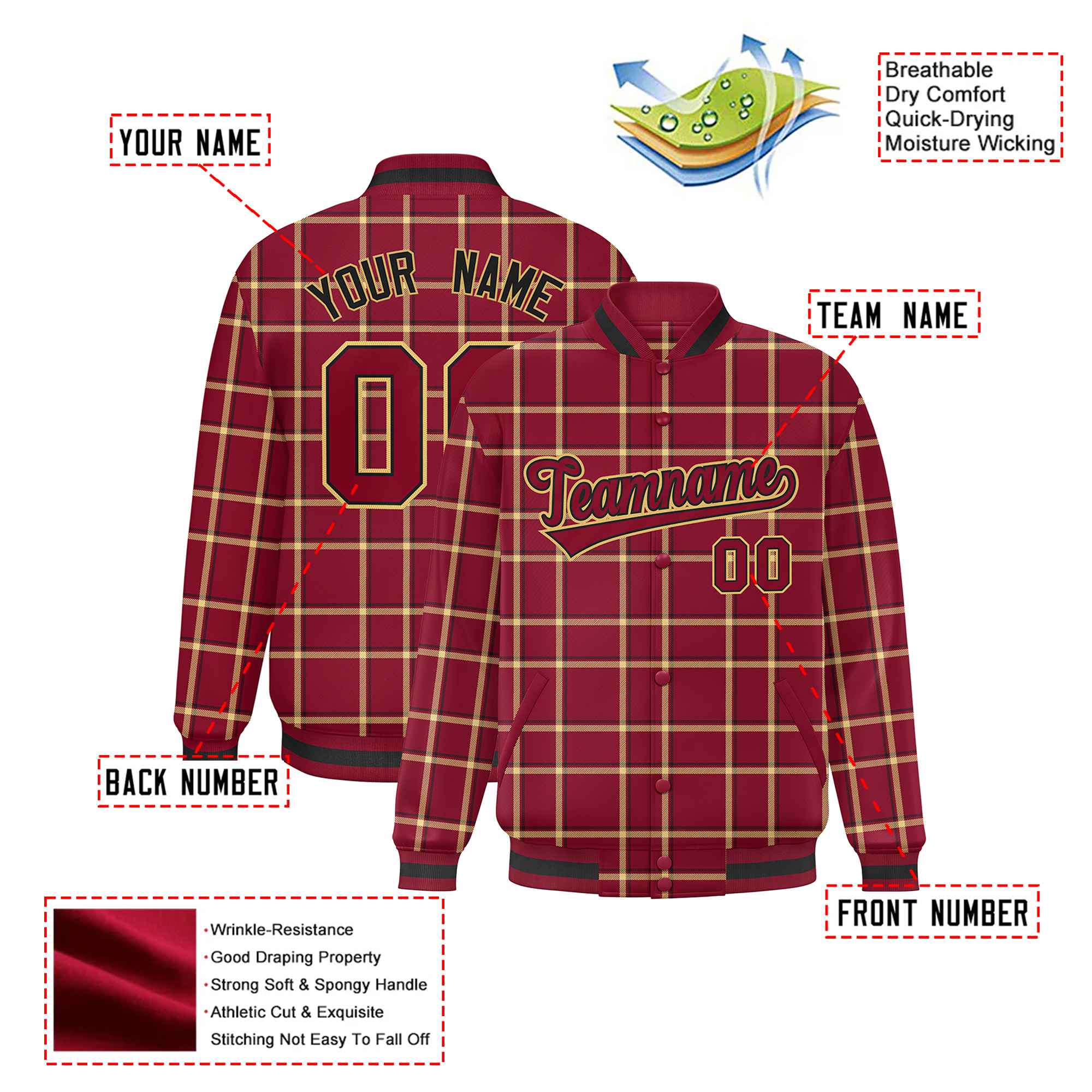 Custom Crimson-Gold Varsity Full-Snap Plaid Pattern Letterman Baseball Jacket