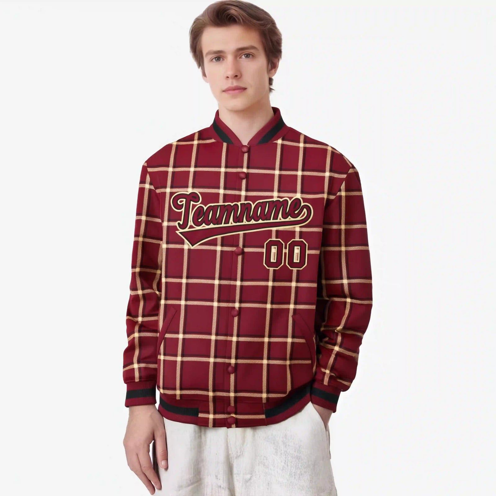 Custom Crimson-Gold Varsity Full-Snap Plaid Pattern Letterman Baseball Jacket