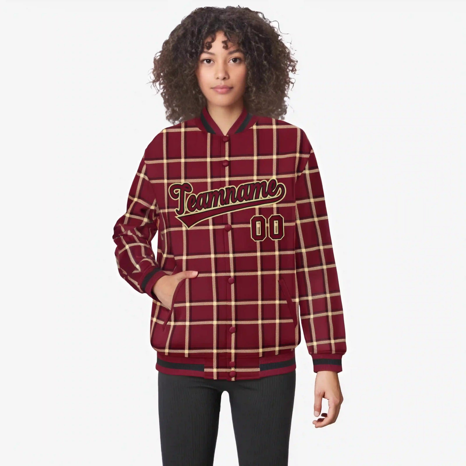 Custom Crimson-Gold Varsity Full-Snap Plaid Pattern Letterman Baseball Jacket