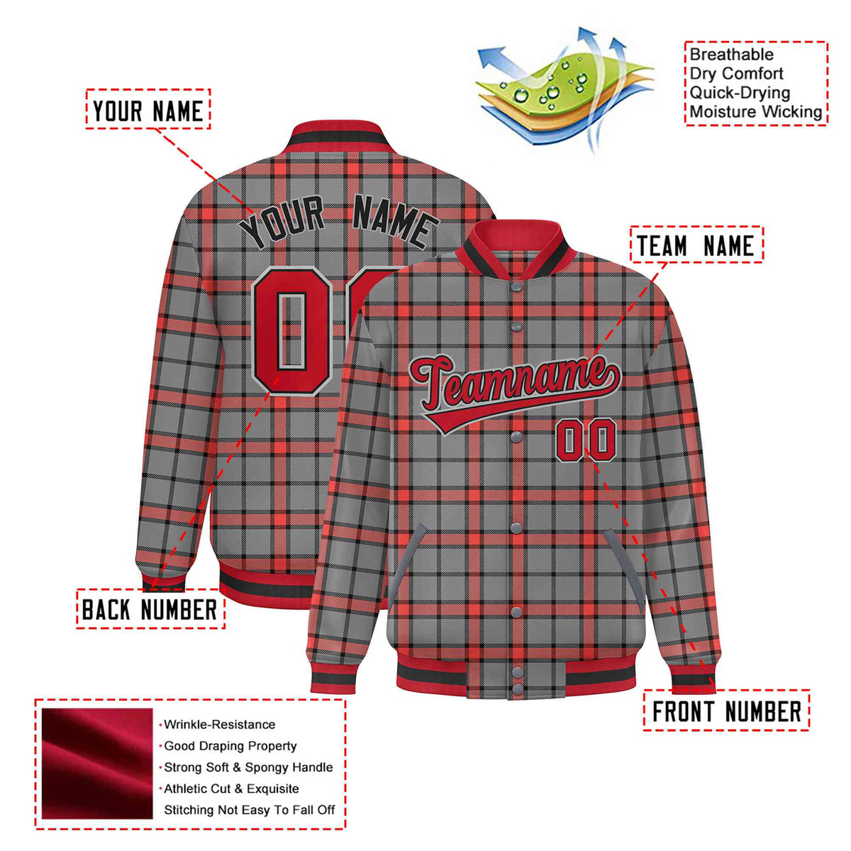 Custom Gray-Red Varsity Full-Snap Plaid Pattern Letterman Baseball Jacket