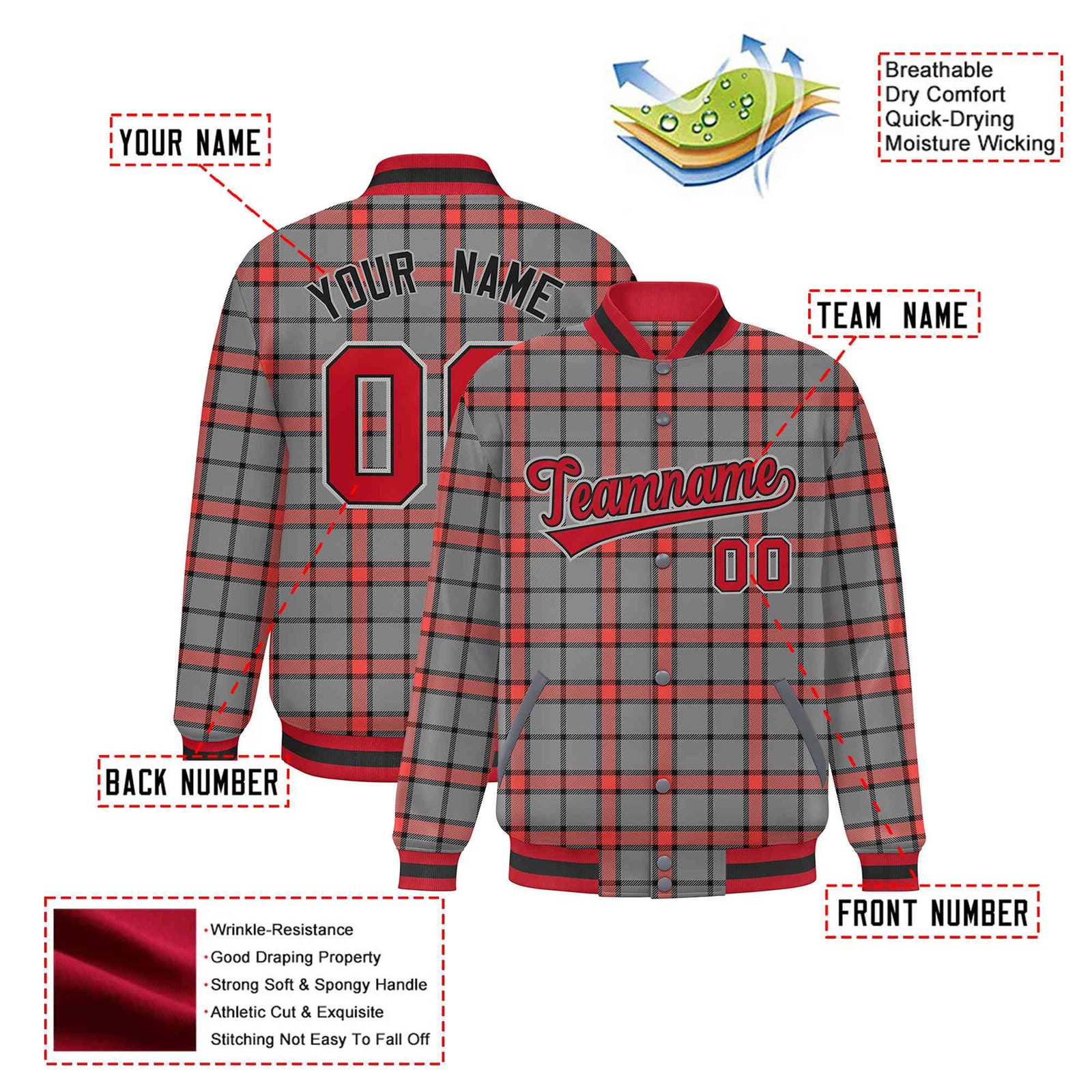 Custom Gray-Red Varsity Full-Snap Plaid Pattern Letterman Baseball Jacket