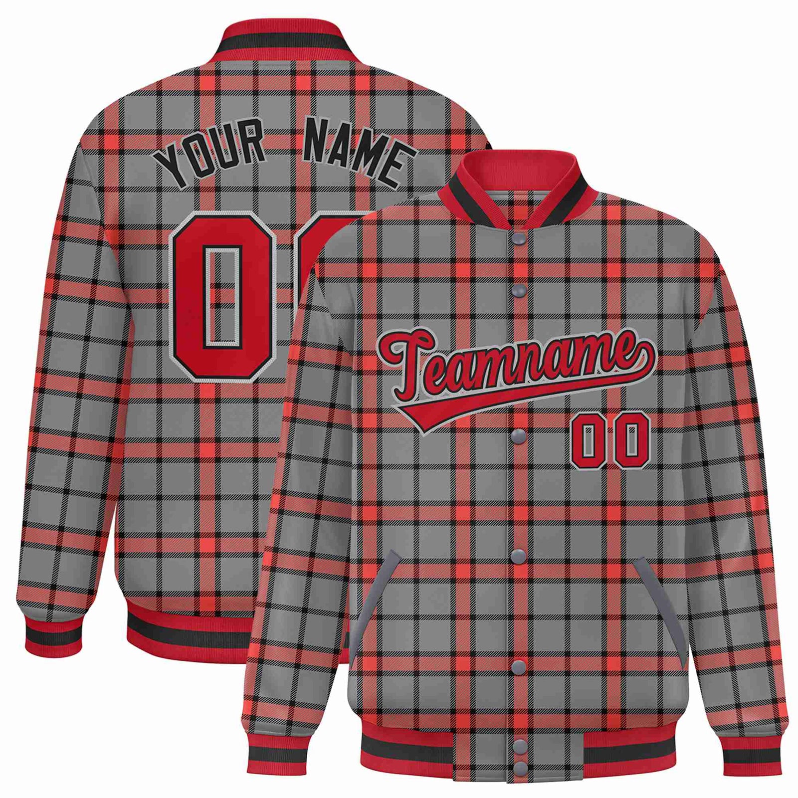 Custom Gray-Red Varsity Full-Snap Plaid Pattern Letterman Baseball Jacket