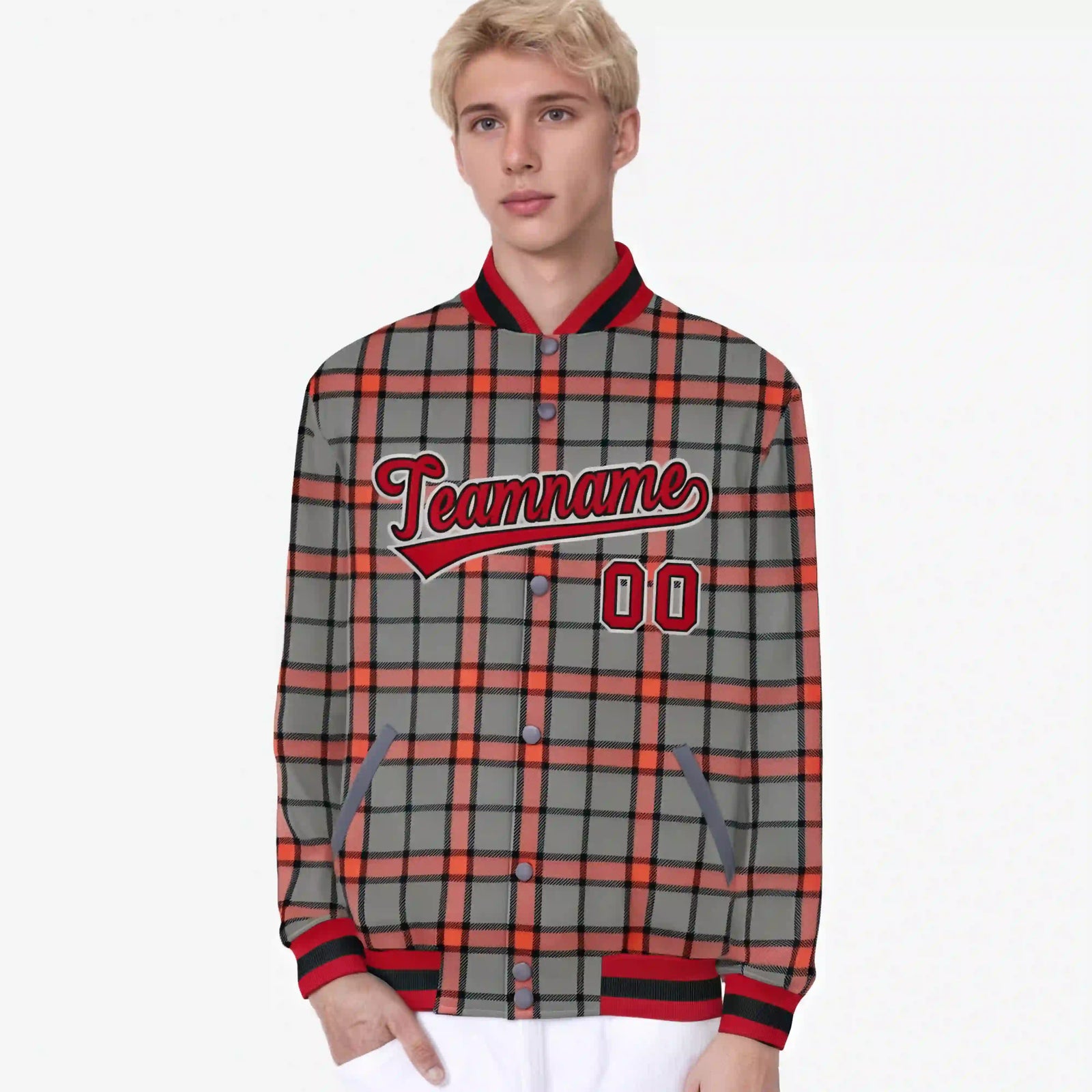 Custom Gray-Red Varsity Full-Snap Plaid Pattern Letterman Baseball Jacket