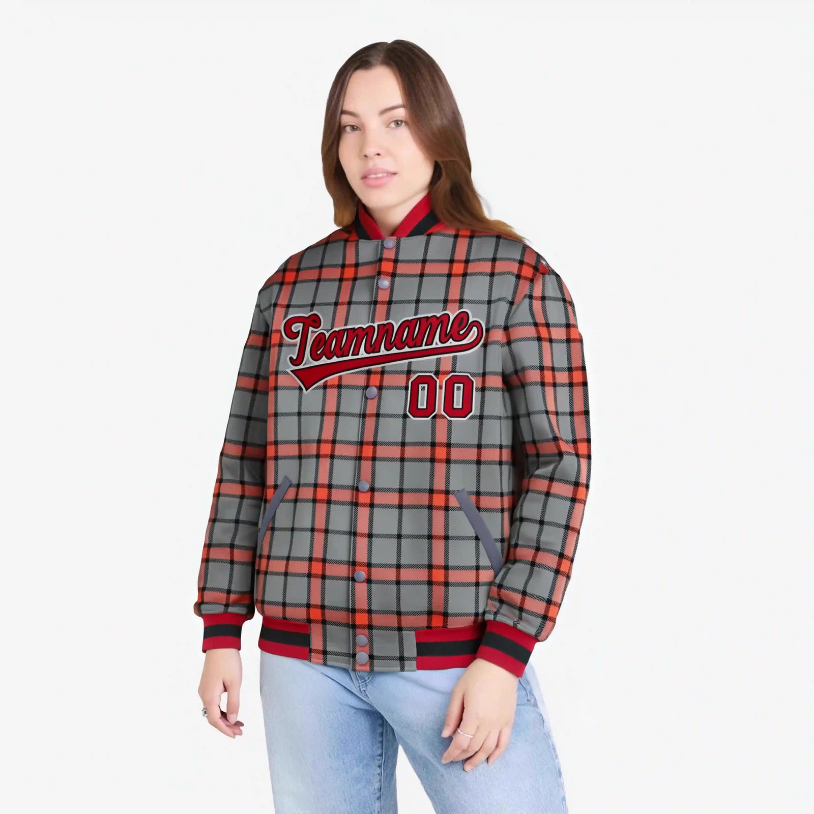 Custom Gray-Red Varsity Full-Snap Plaid Pattern Letterman Baseball Jacket