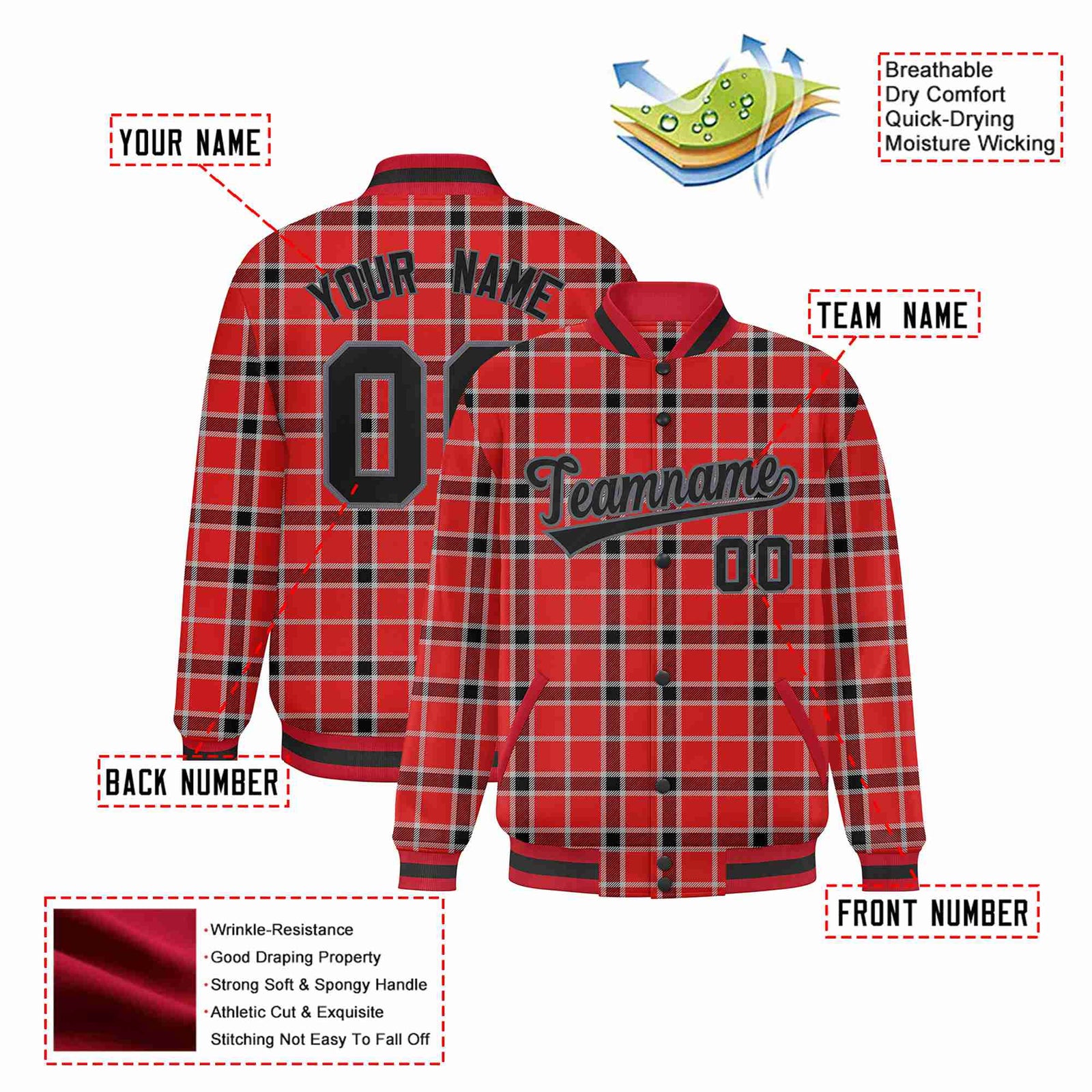 Custom Red-Crimson Varsity Full-Snap Plaid Pattern Letterman Baseball Jacket