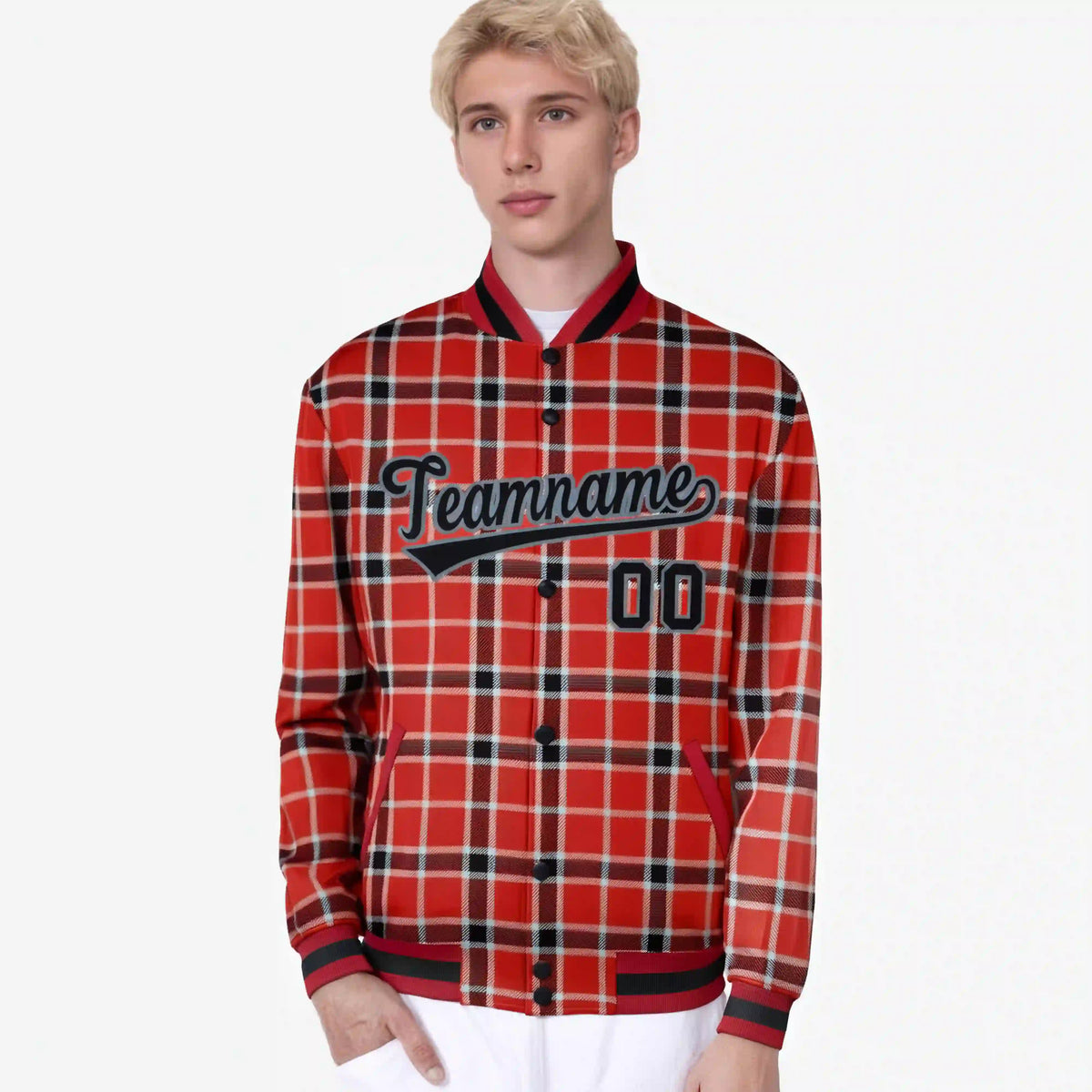 Custom Red-Crimson Varsity Full-Snap Plaid Pattern Letterman Baseball Jacket