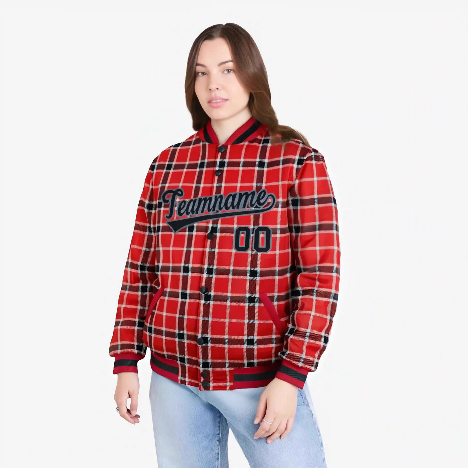 Custom Red-Crimson Varsity Full-Snap Plaid Pattern Letterman Baseball Jacket