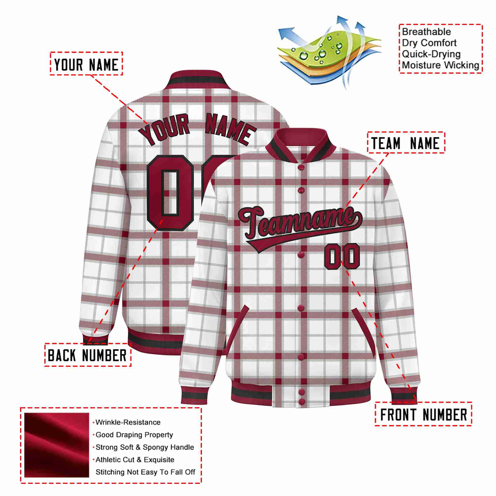 Custom White-Crimson Varsity Full-Snap Plaid Pattern Letterman Baseball Jacket