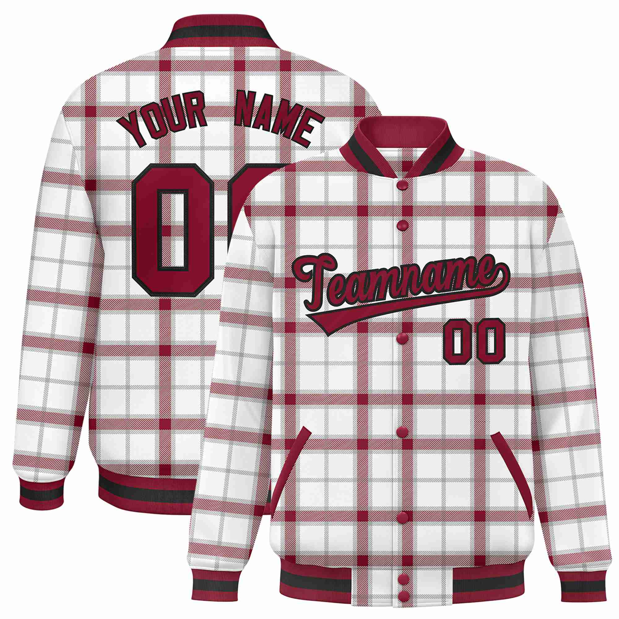 Custom White-Crimson Varsity Full-Snap Plaid Pattern Letterman Baseball Jacket