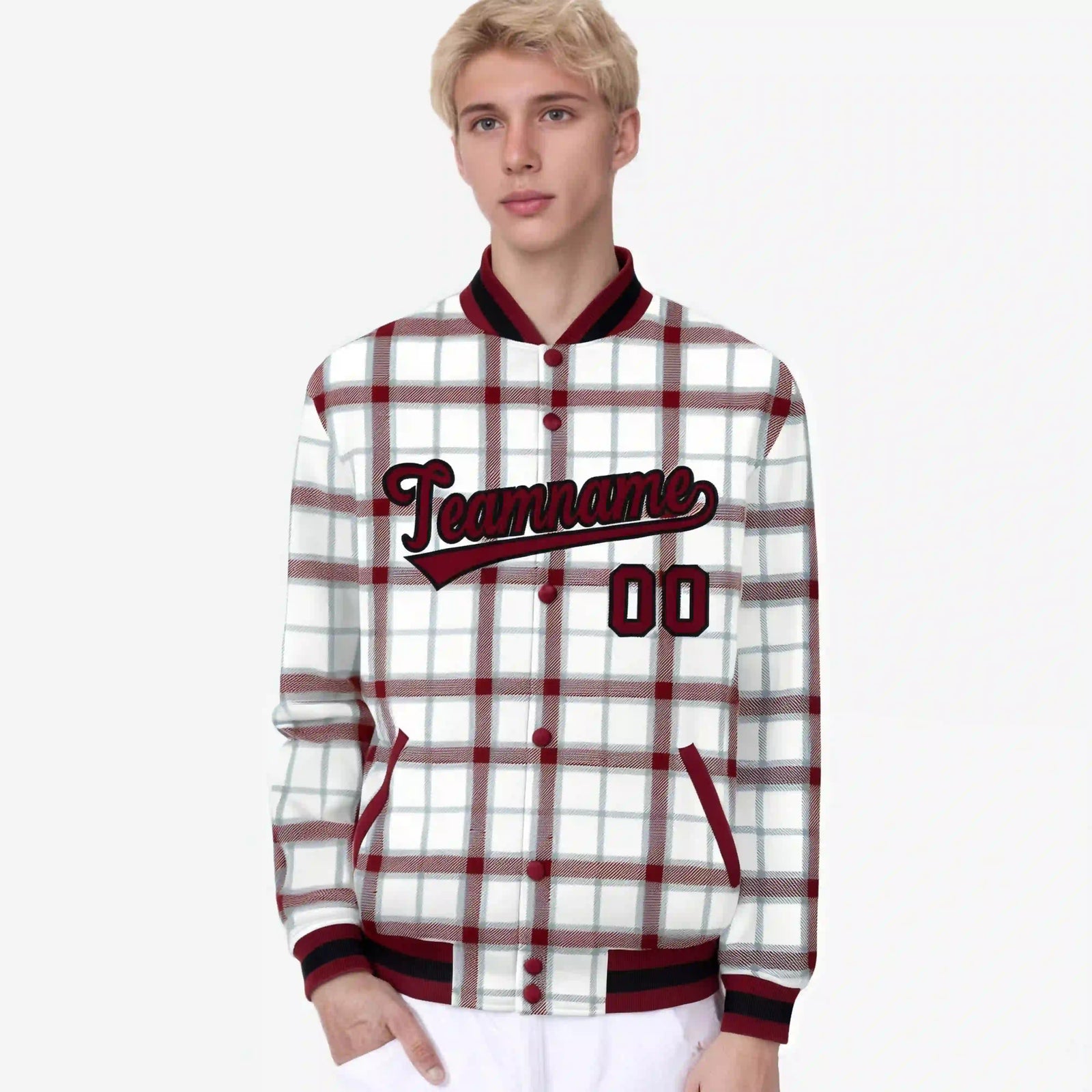 Custom White-Crimson Varsity Full-Snap Plaid Pattern Letterman Baseball Jacket