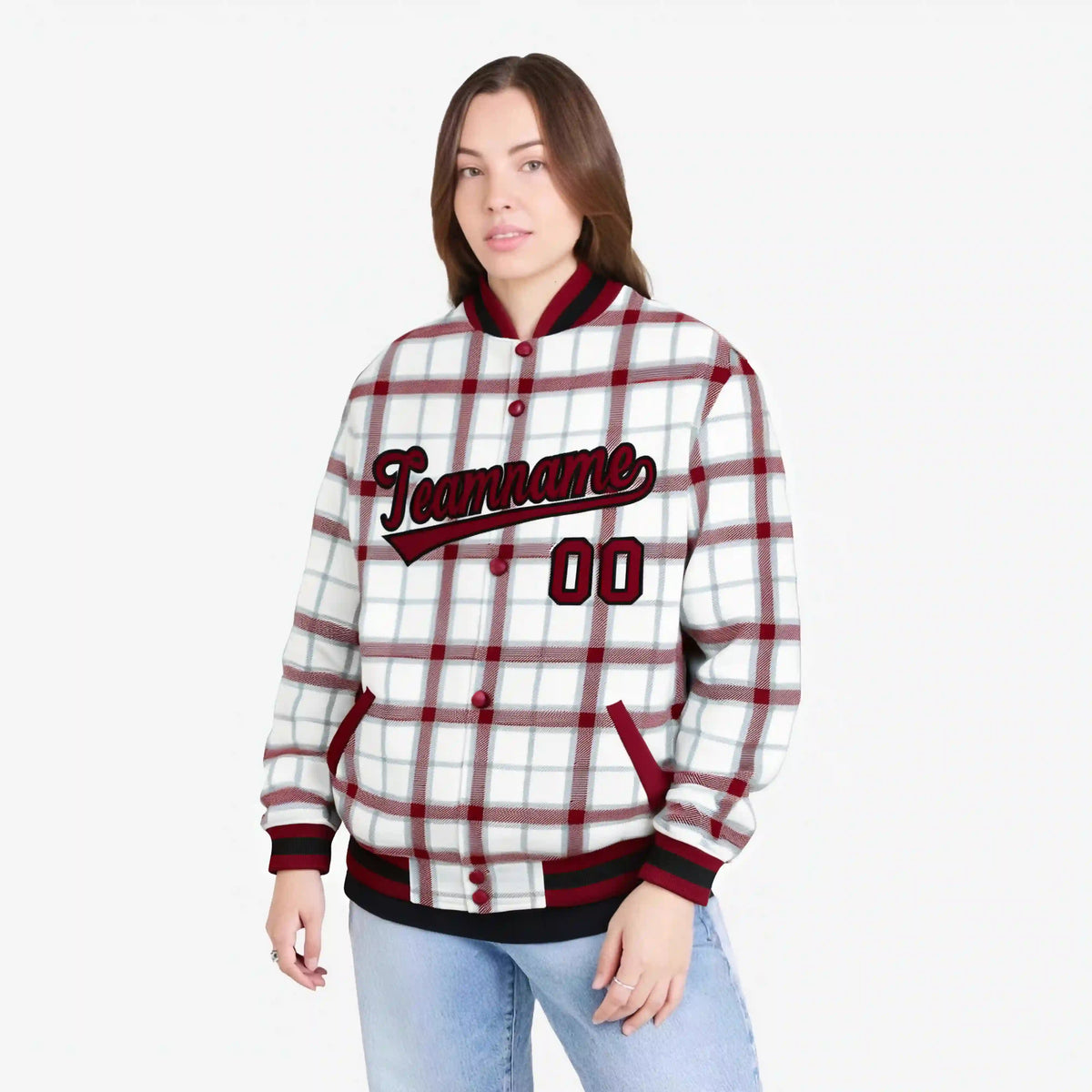 Custom White-Crimson Varsity Full-Snap Plaid Pattern Letterman Baseball Jacket