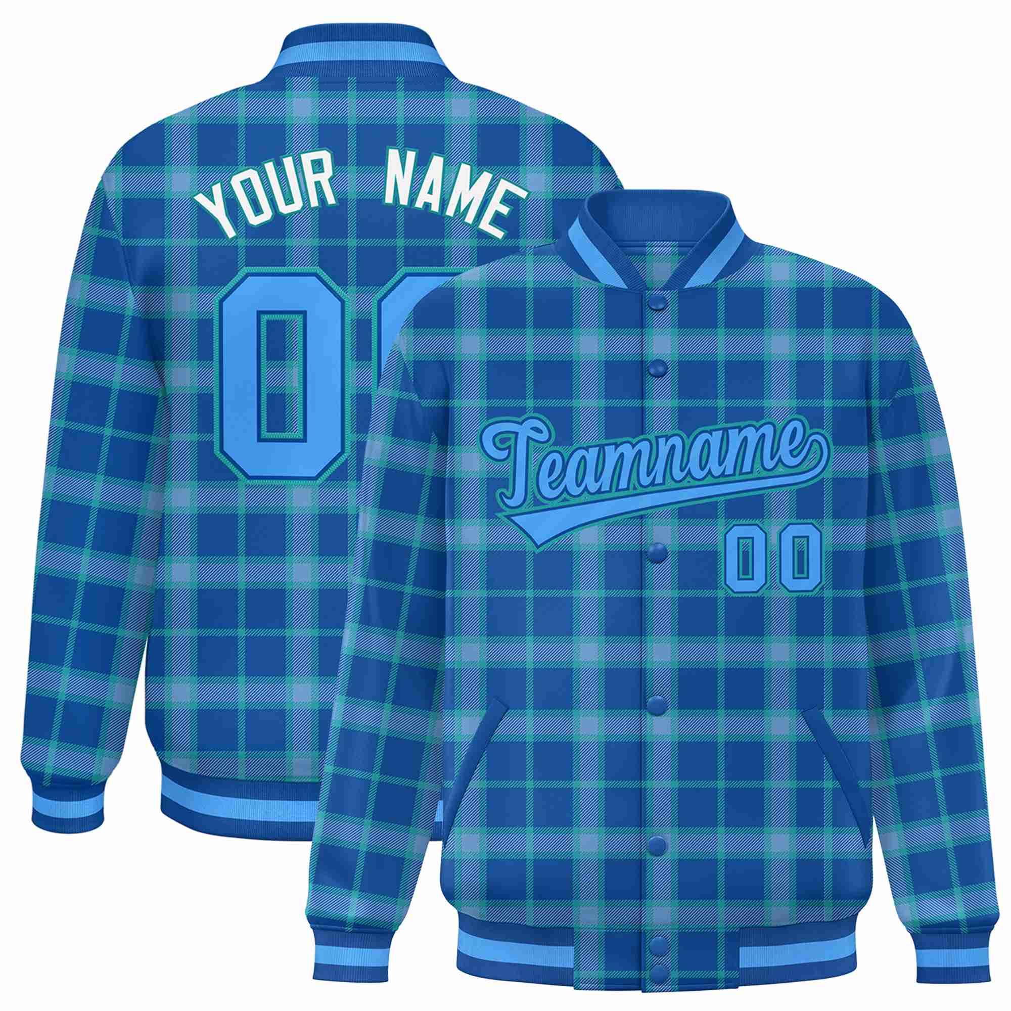 Custom Royal Blue Varsity Full-Snap Plaid Pattern Letterman Baseball Jacket