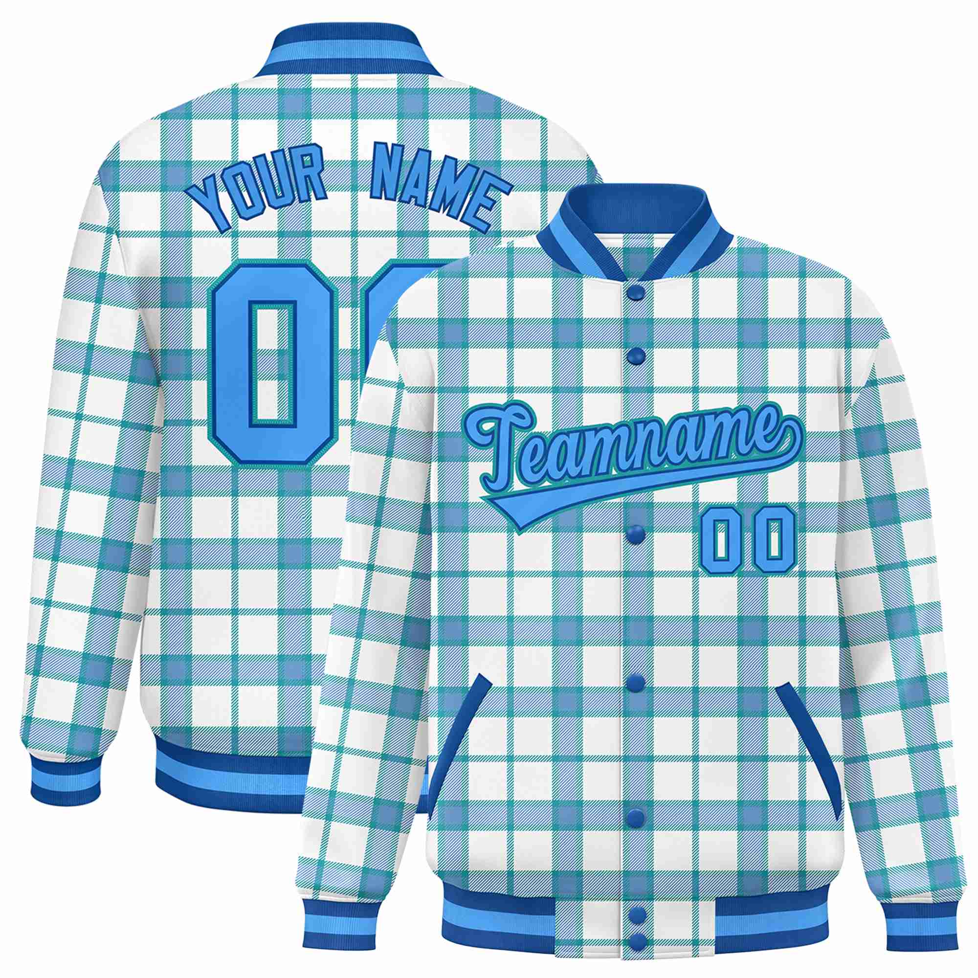 Custom Cream-Light Blue Varsity Full-Snap Plaid Pattern Letterman Baseball Jacket