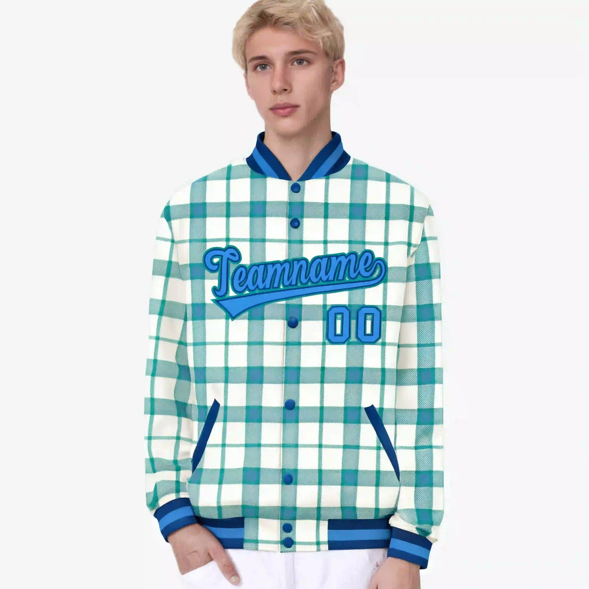 Custom Cream-Light Blue Varsity Full-Snap Plaid Pattern Letterman Baseball Jacket