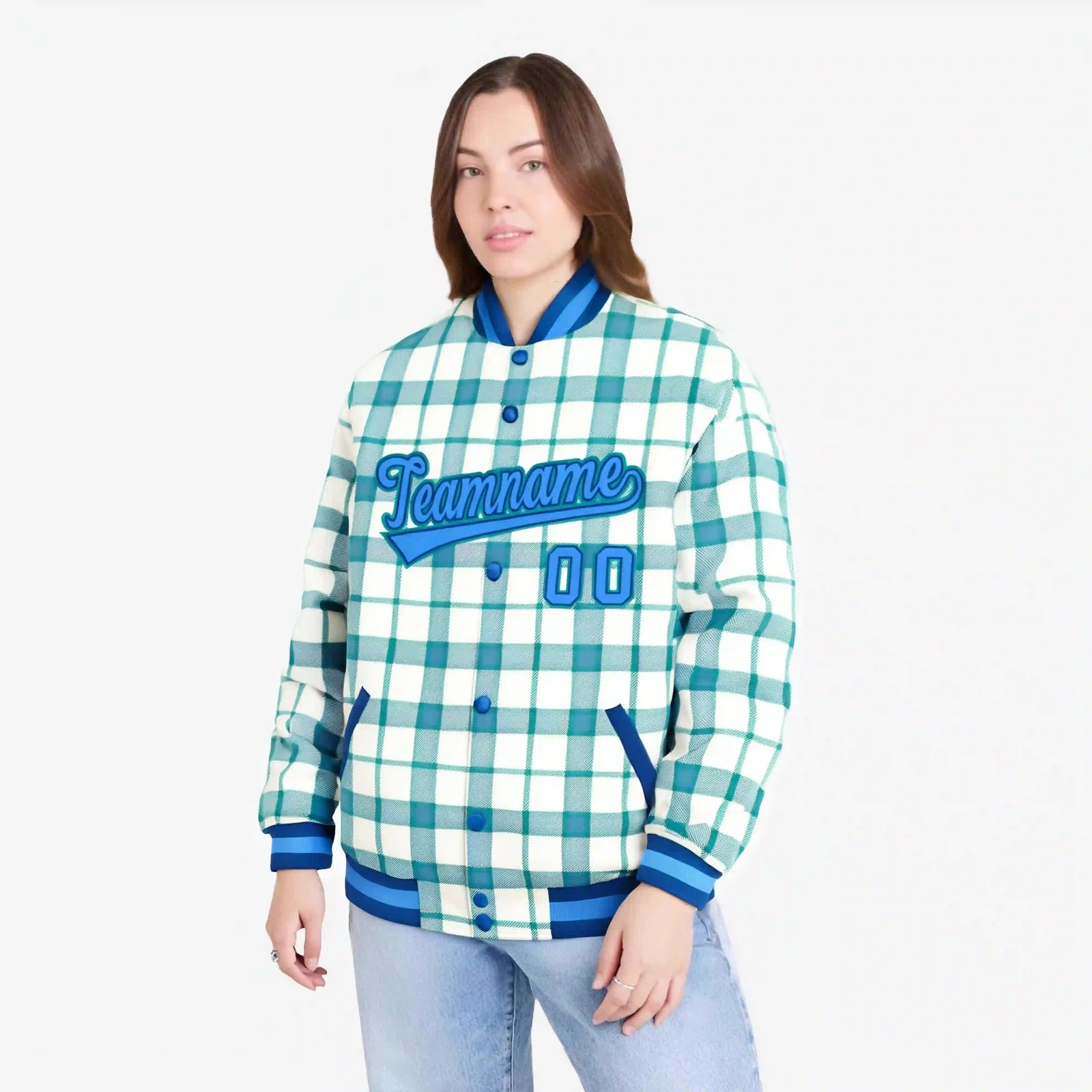 Custom Cream-Light Blue Varsity Full-Snap Plaid Pattern Letterman Baseball Jacket