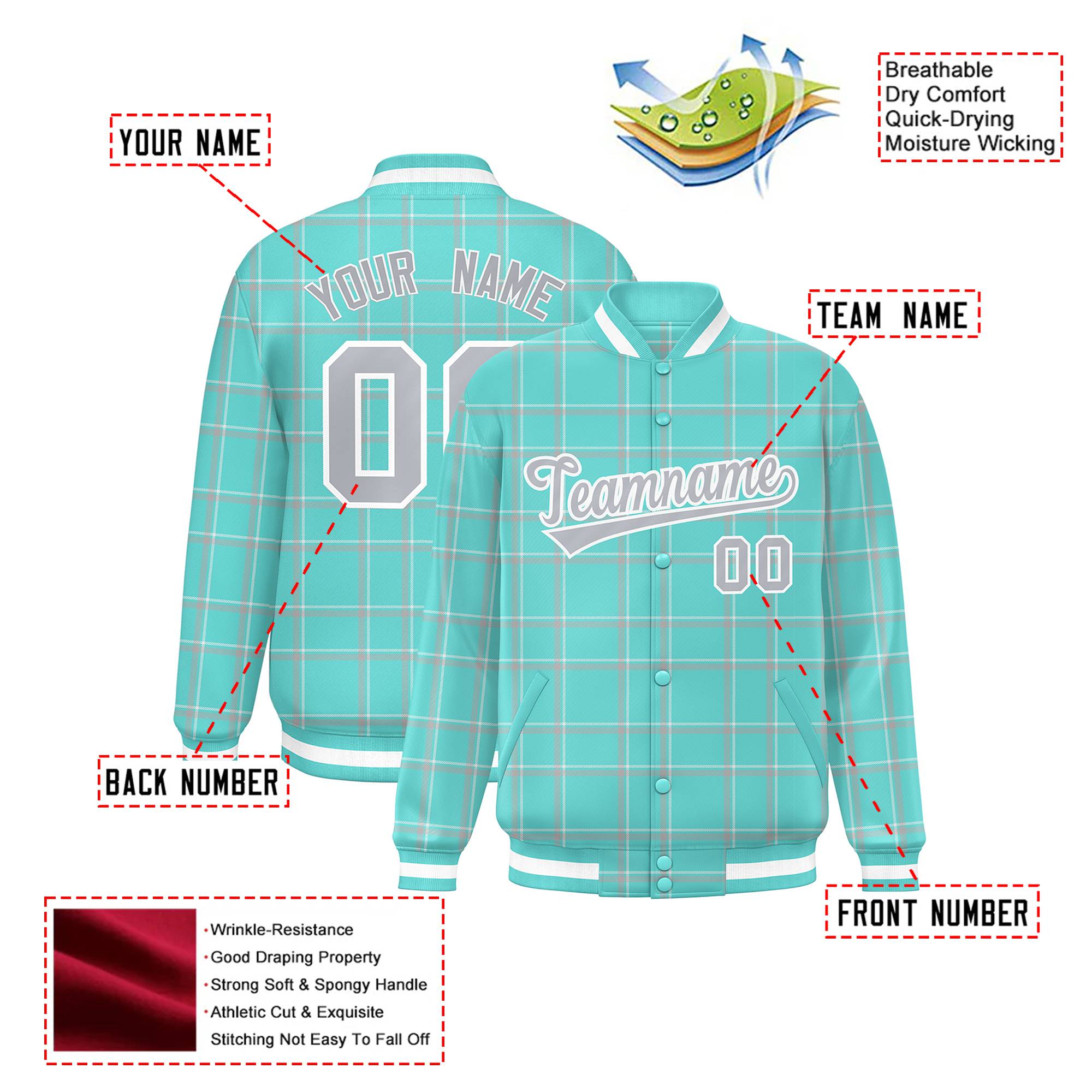 Custom Aqua-Gray Varsity Full-Snap Plaid Pattern Letterman Baseball Jacket