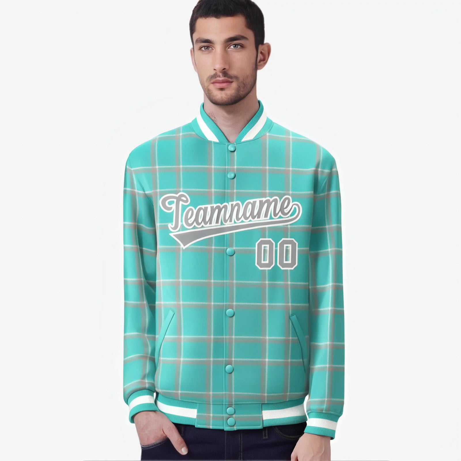 Custom Aqua-Gray Varsity Full-Snap Plaid Pattern Letterman Baseball Jacket