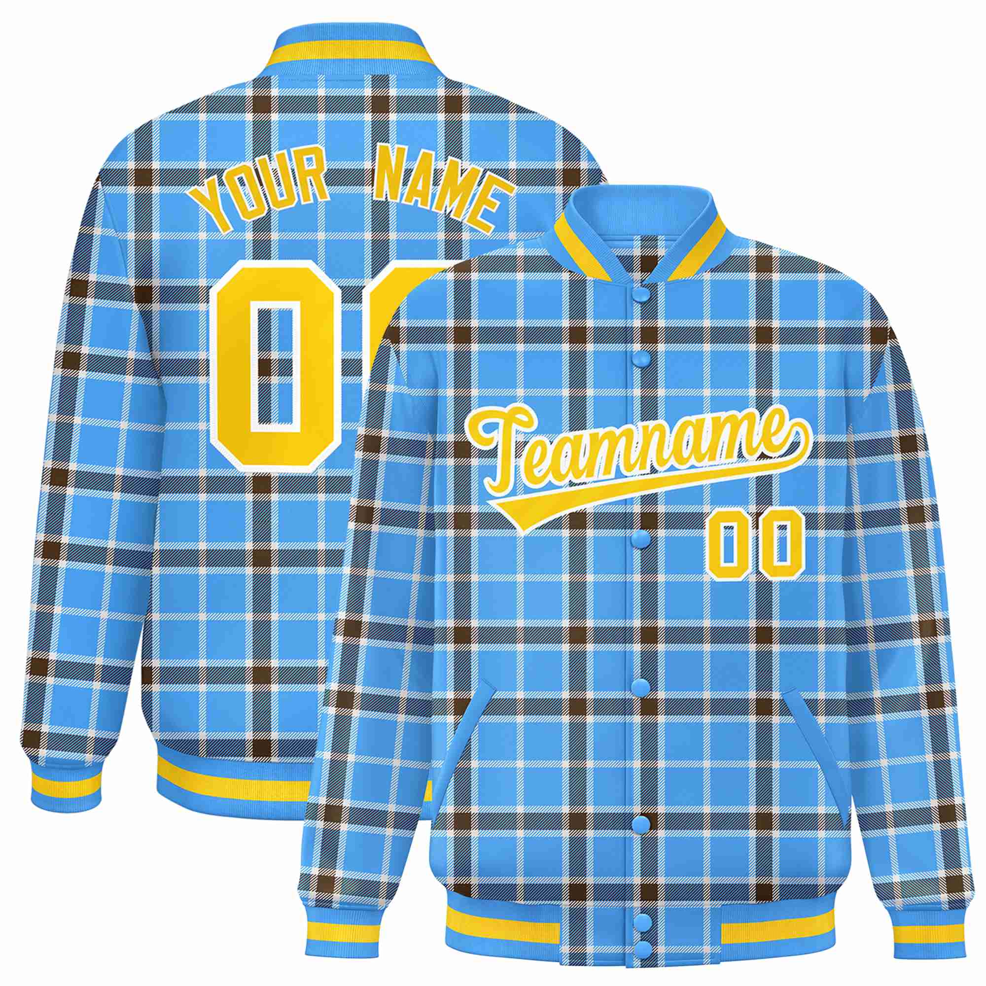 Custom Powder Blue-Dark Gray Varsity Full-Snap Plaid Pattern Letterman Baseball Jacket