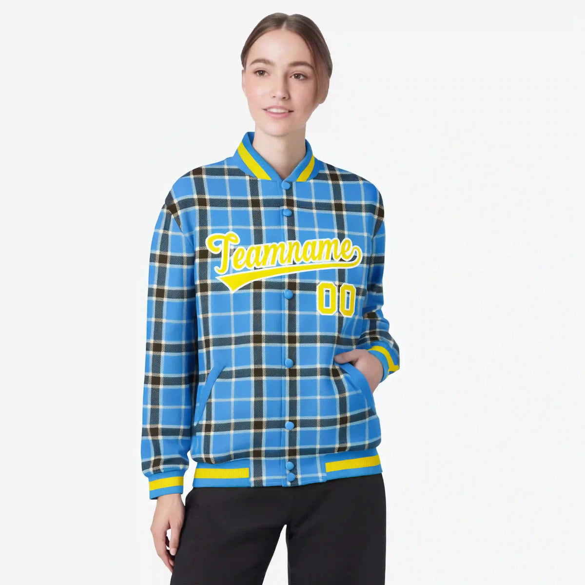 Custom Powder Blue-Dark Gray Varsity Full-Snap Plaid Pattern Letterman Baseball Jacket