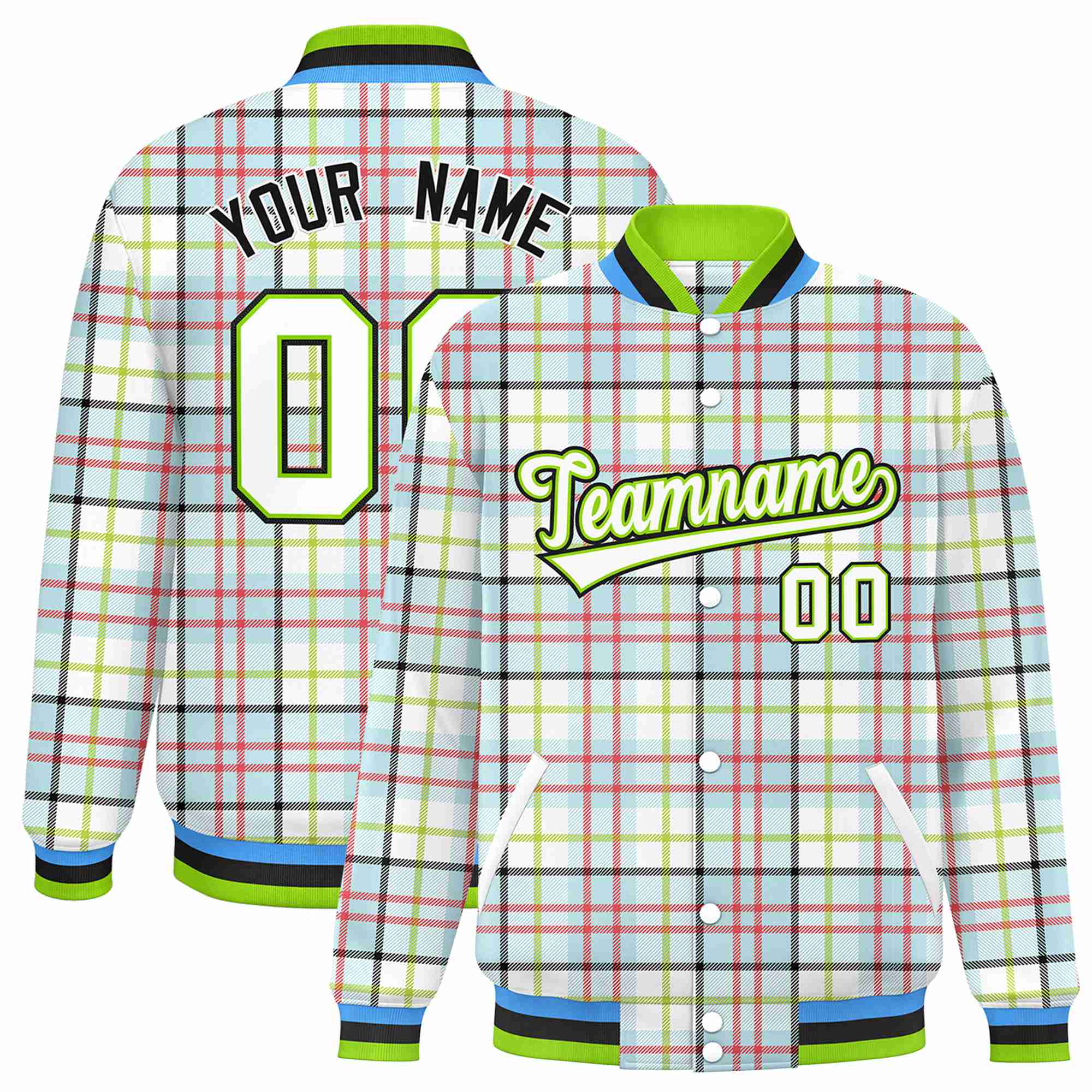 Custom Cream Neon Green-Red Varsity Full-Snap Plaid Pattern Letterman Baseball Jacket