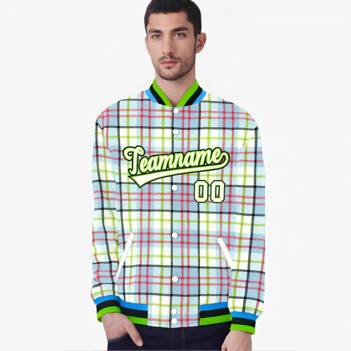Custom Cream Neon Green-Red Varsity Full-Snap Plaid Pattern Letterman Baseball Jacket