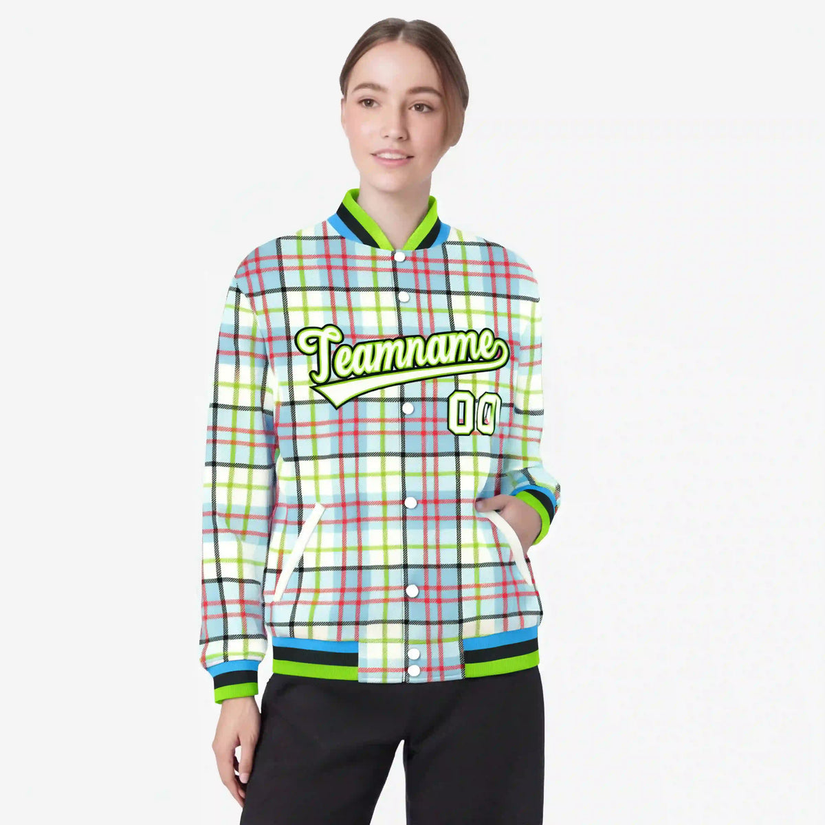 Custom Cream Neon Green-Red Varsity Full-Snap Plaid Pattern Letterman Baseball Jacket